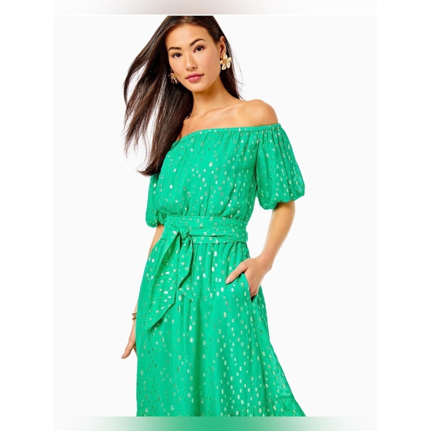 🆕 Lilly Pulitzer Tamie Off The Shoulder Midi Dress Botanical Green Metallic SZ L