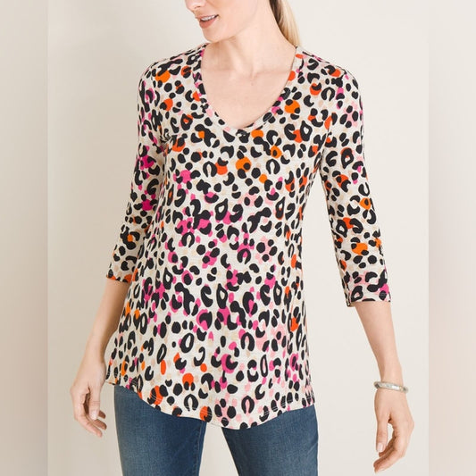 Chicos Cheetah-Print V-Neck Tee SZ 0/SM