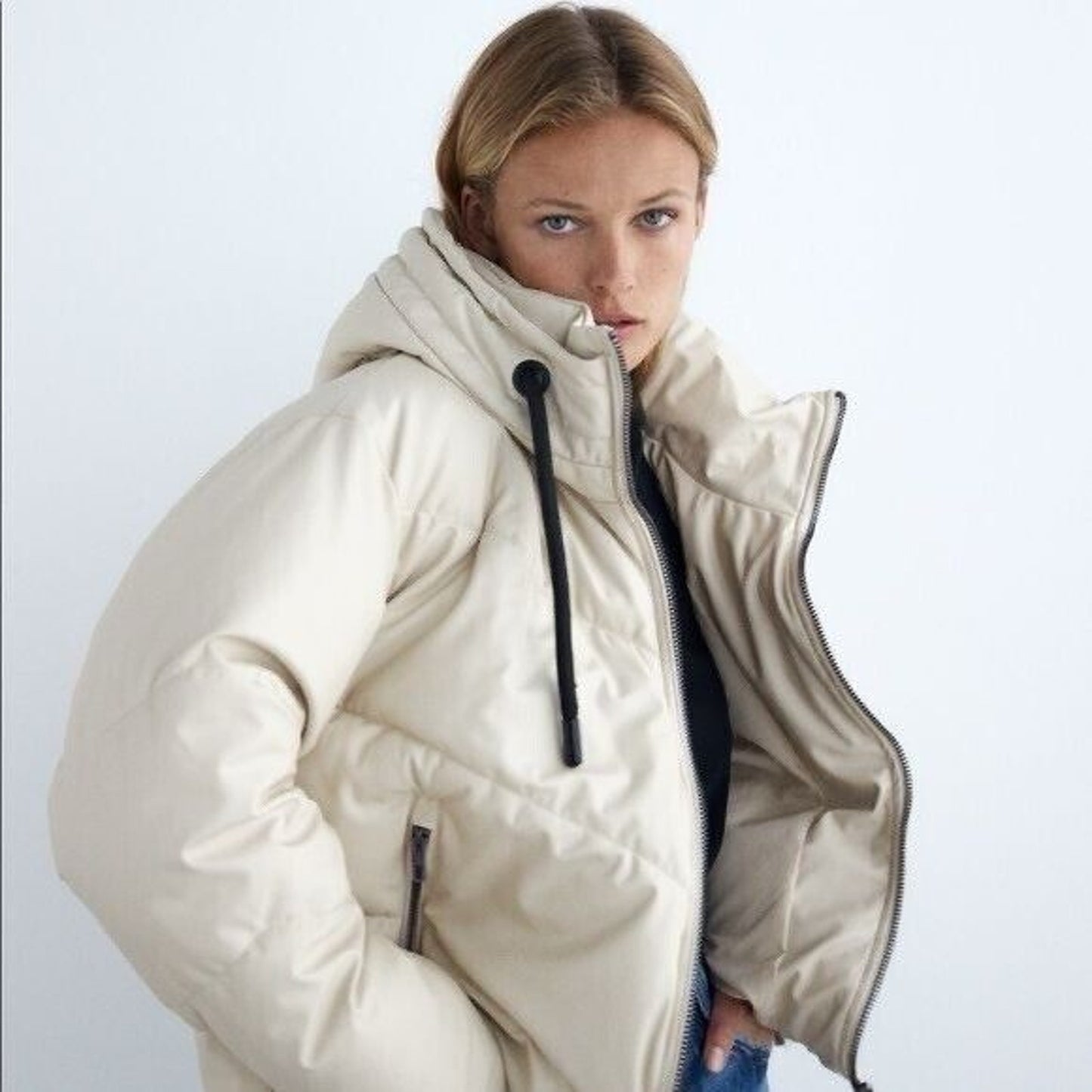Zara Cream faux leather Puffer Jacket Size Med