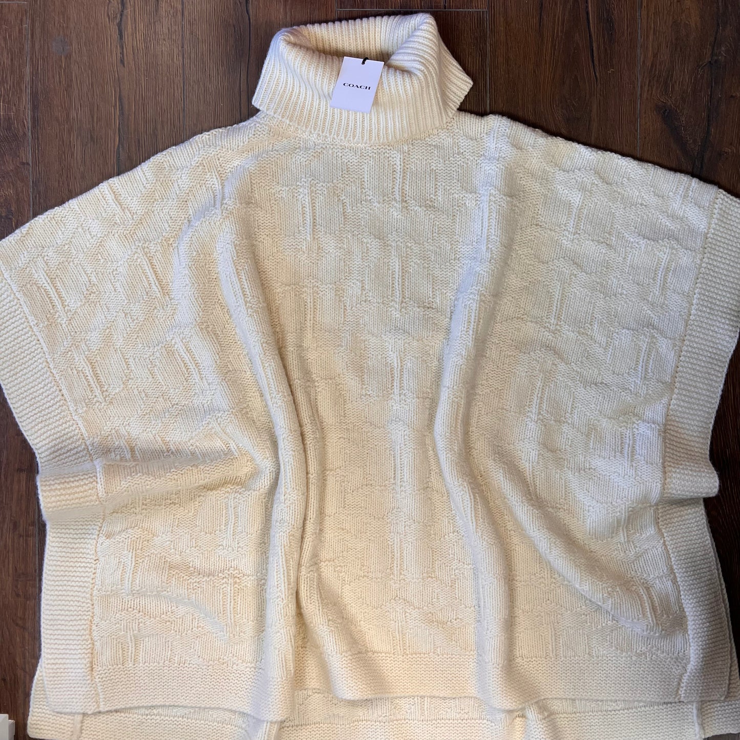 🆕 Coach Signature Wool Turtleneck Cable-Knit Poncho Sweater -Beige NWT SZ M/L