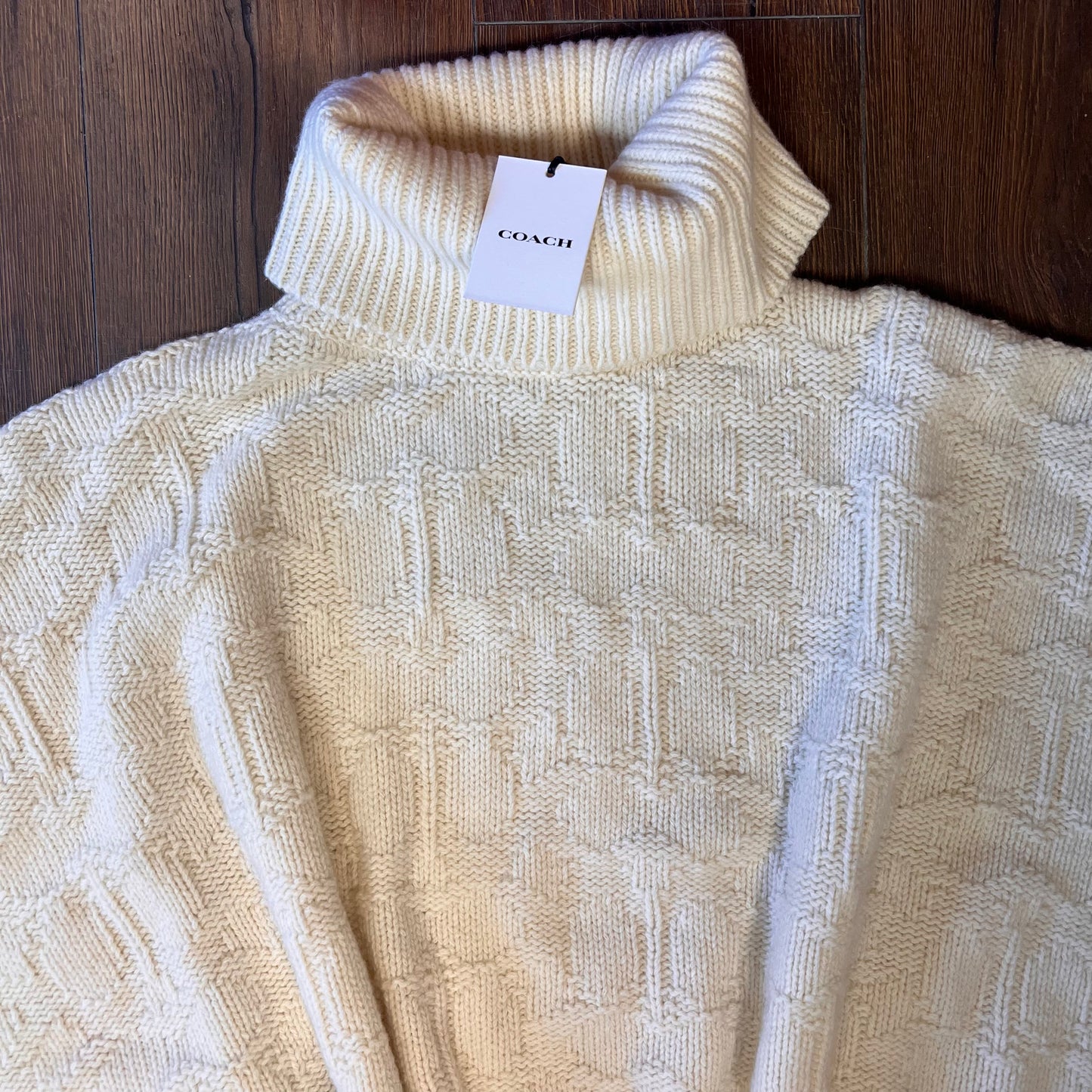 🆕 Coach Signature Wool Turtleneck Cable-Knit Poncho Sweater -Beige NWT SZ M/L
