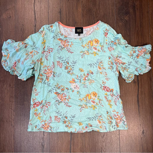 W5 teal floral flutter sleeve blouse SZ MED
