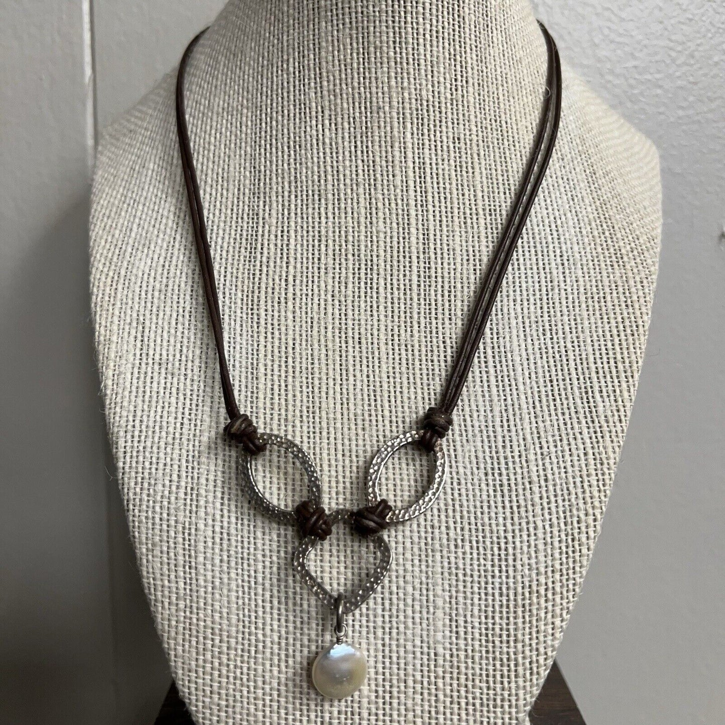 Silpada Coin Pearl Brown Leather Hammered Sterling Silver Necklace N1257