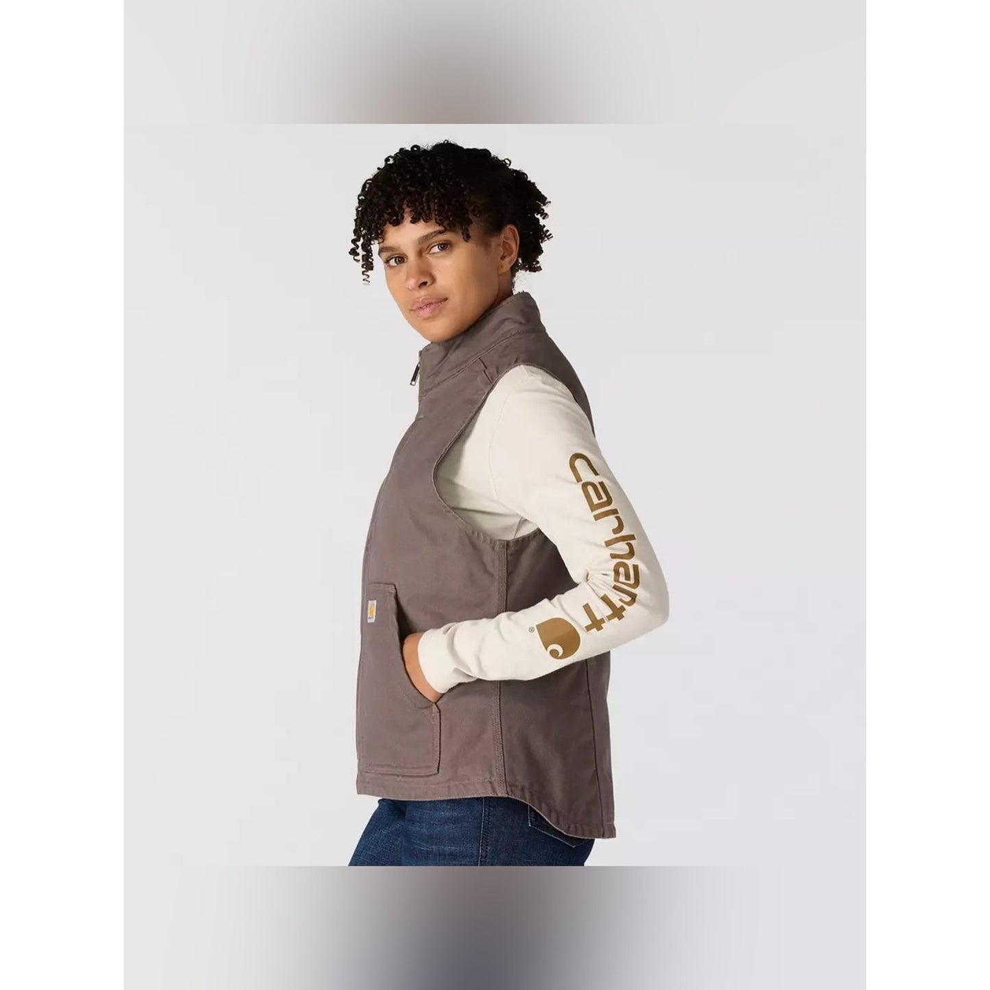 Carhartt Relaxed Fit Washed Duck Sherpa Lined Vest Taupe Grey SZ LG