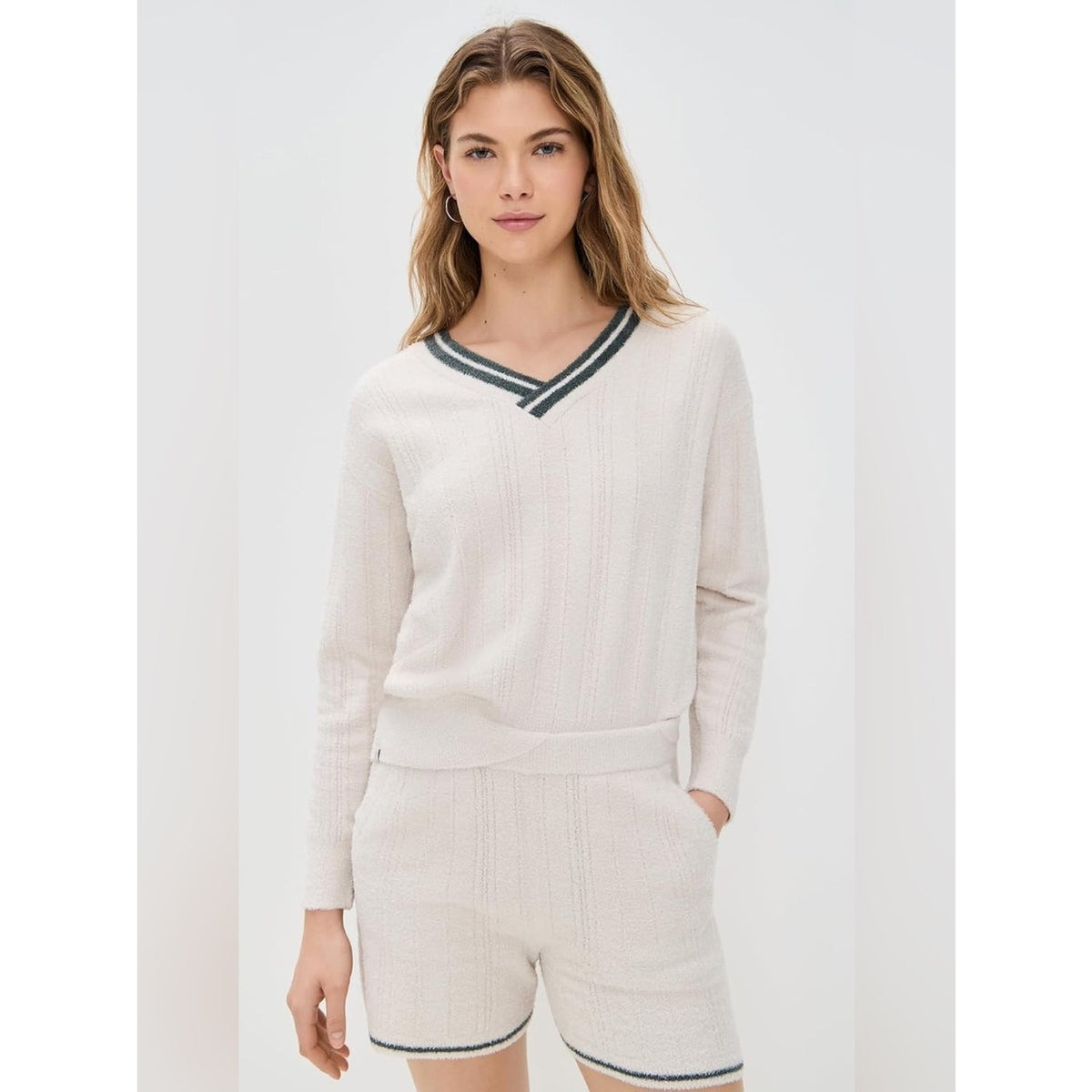 🆕 Barefoot Dreams V-Neck Pointelle Pullover Sweater SZ SM