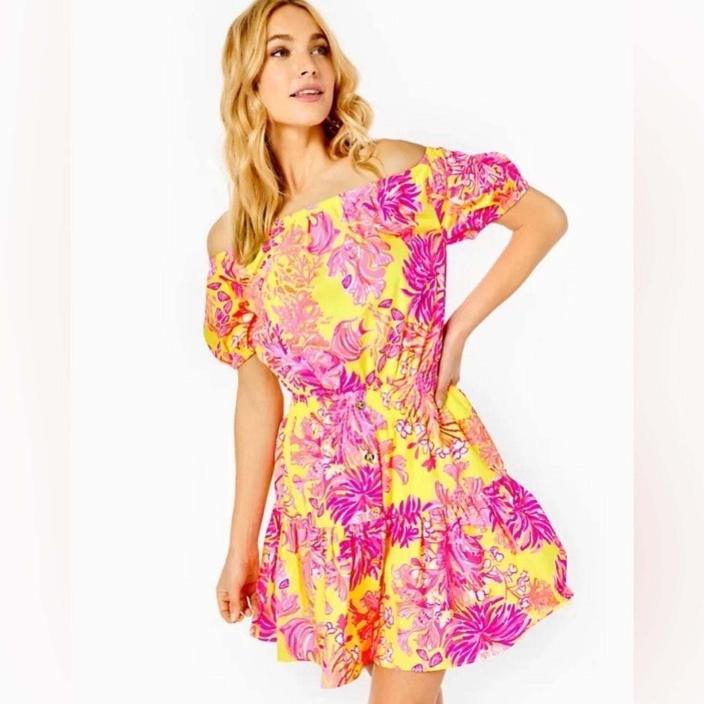 🆕 Lilly Pulitzer Jesiba Off-The-Shoulder Romper Calla Yellow Floral Coral SZ LG