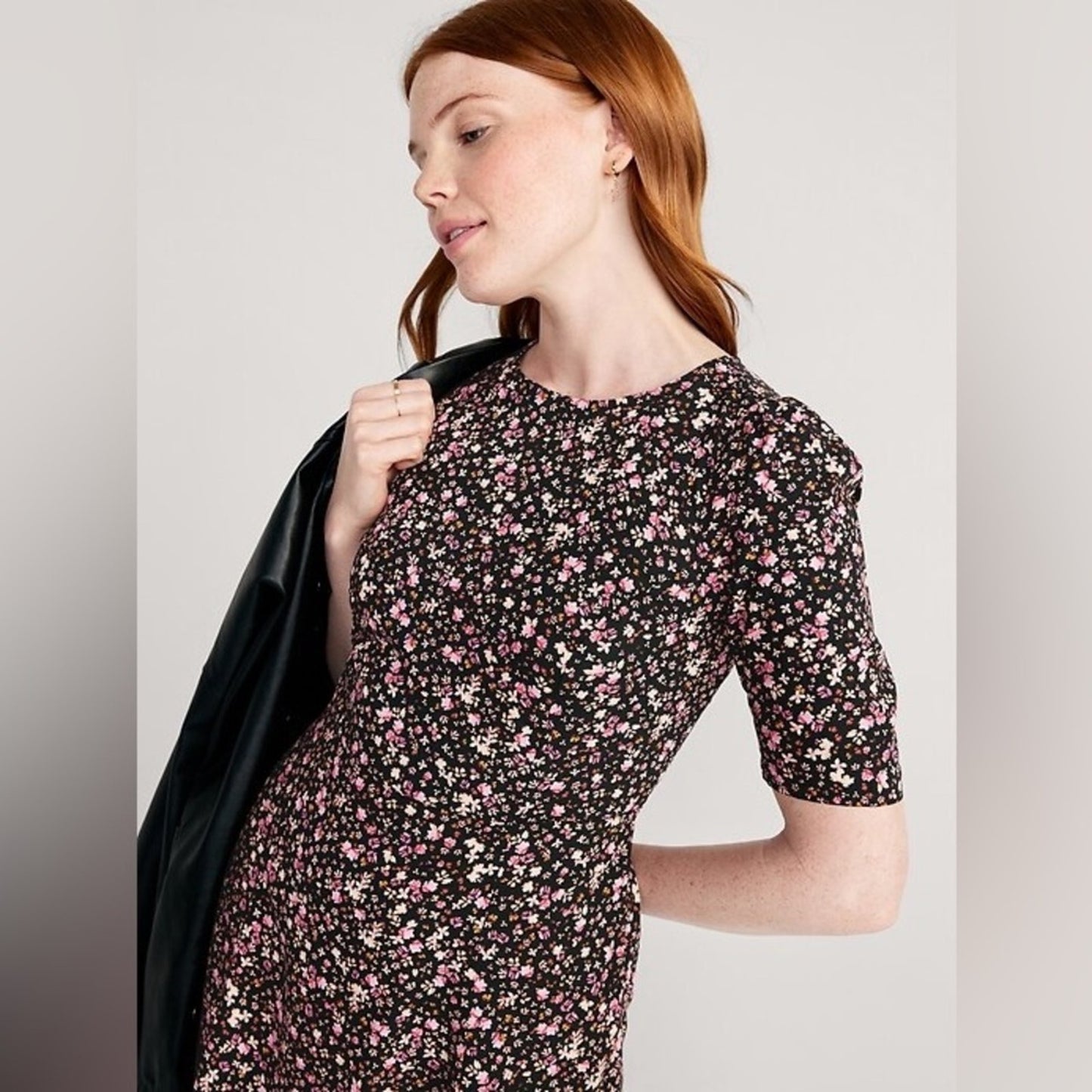 Old navy fit and flare puff sleeve black ditsy floral dress SZ LG