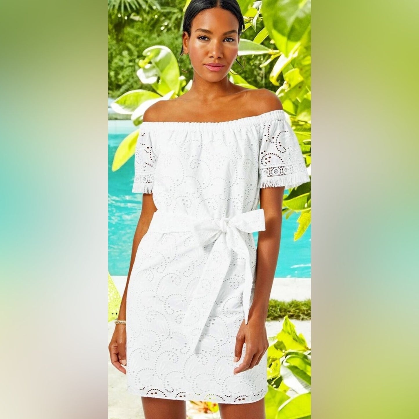 Lilly Pulitzer Shanelle Resort White Swirl Eyelet Off Shoulder Sash SZ MED