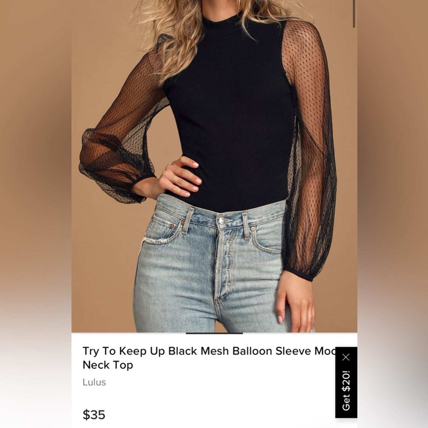 Lulu’s Try To Keep Up Black Mesh Balloon Sleeve Mock Neck Top SZ LG