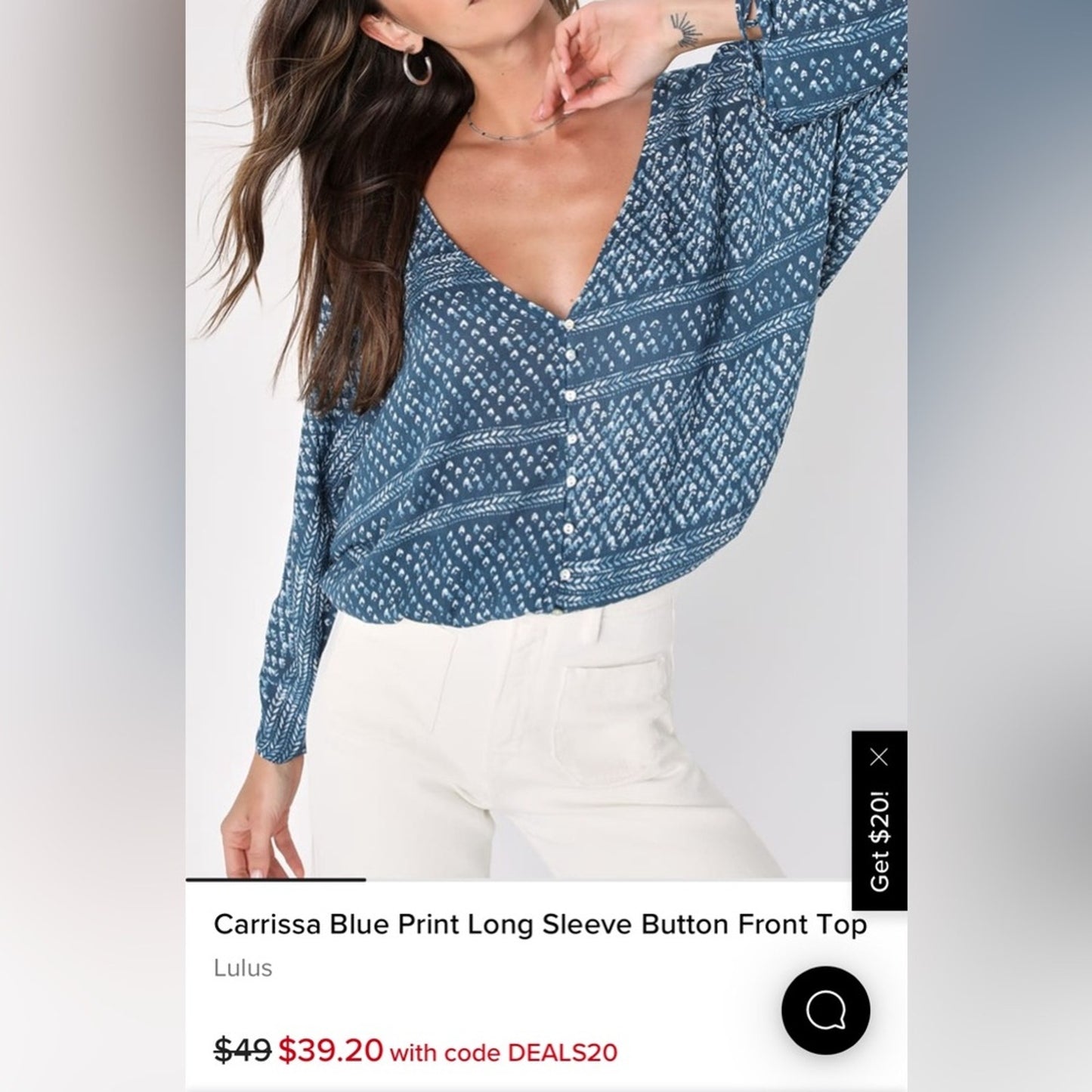 🆕 Lulu’s Carrissa Blue Print Long Sleeve Button Front Top SZ MED