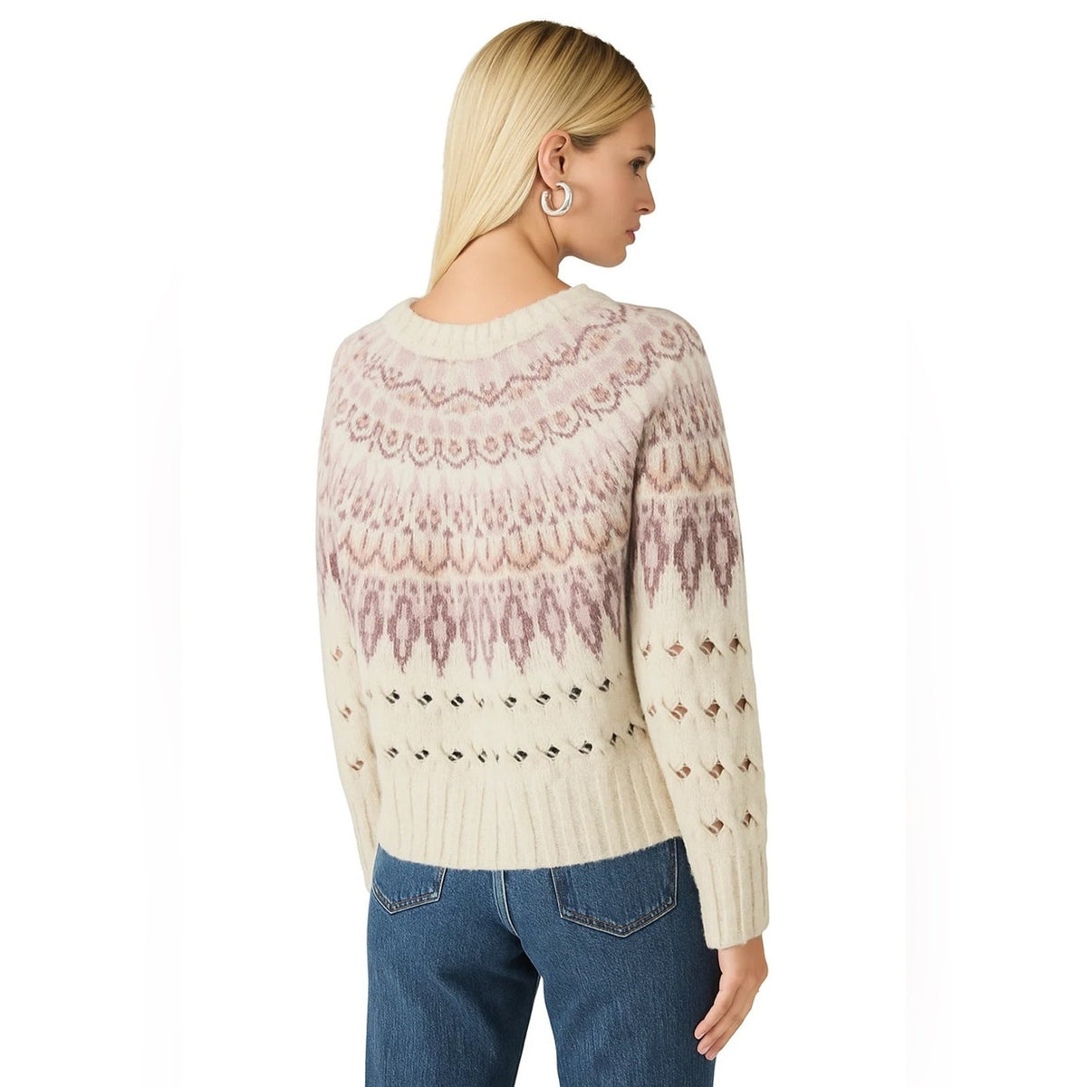 🆕 Steve Madden Suzette Fair Isle Crewneck Sweater-Cream/Pink SZ XS