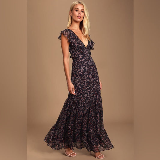Lulu’s darling daydream navy blue floral print ruffled maxi dress SZ MED