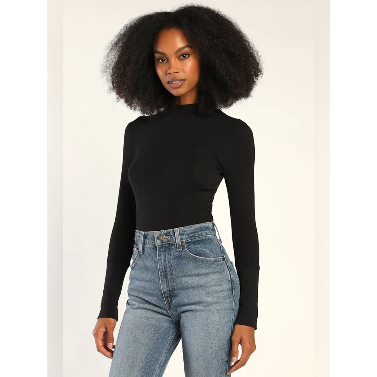 🆕 Free People The Rickie Black Ribbed Mock Neck Long Sleeve Top SZ SM