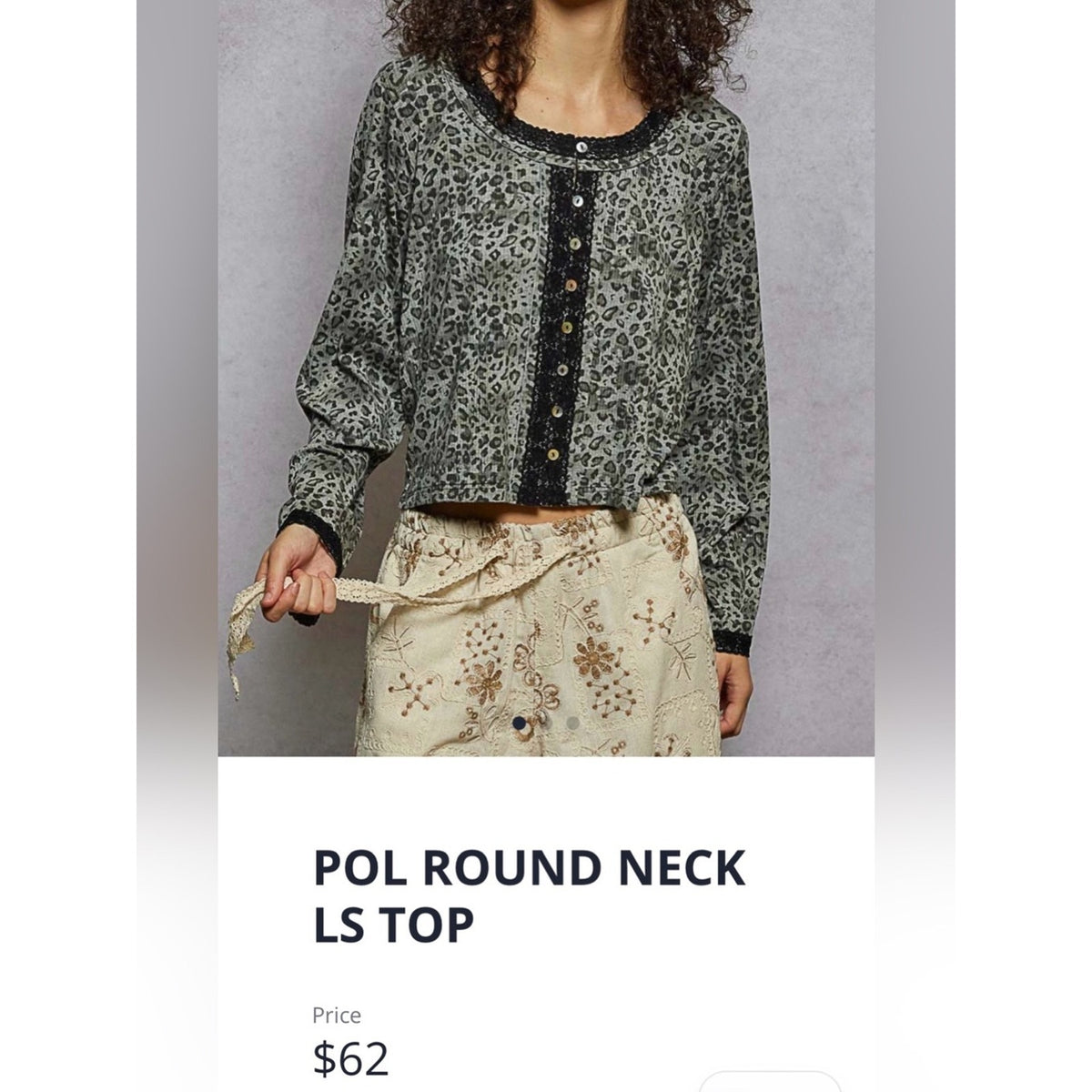 🆕 POL Leopard-Print Lace Trim Button Front Ribbed Top SZ SM