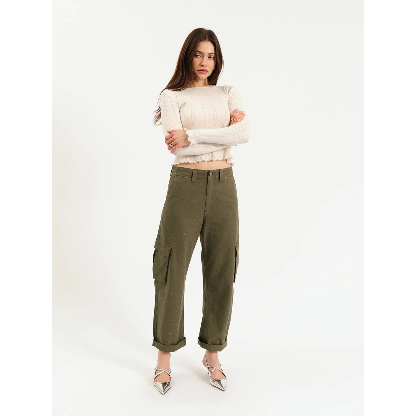 🆕 Daze Denim Green Cargo Pants Rhinestones NWT SZ 23