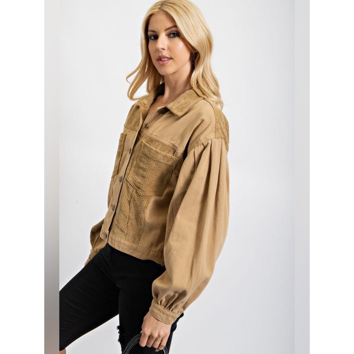 🆕 Easel Taupe Patchwork Button-Front Corduroy Jacket SZ LG