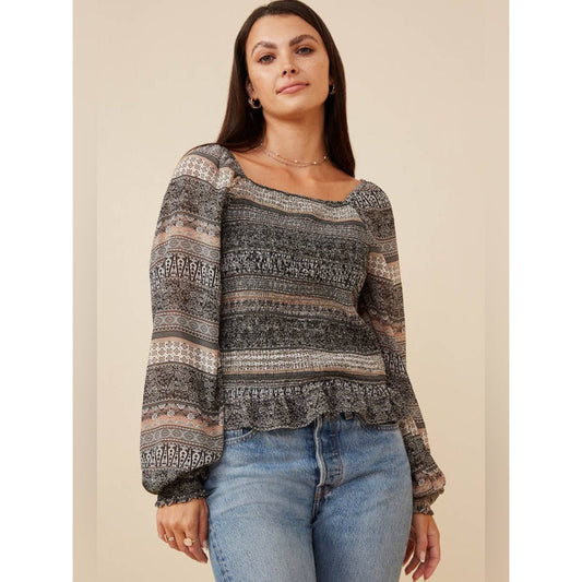 🆕 Hayden Smocked Square-Neck Peasant Top-Black/Cream SZ MED