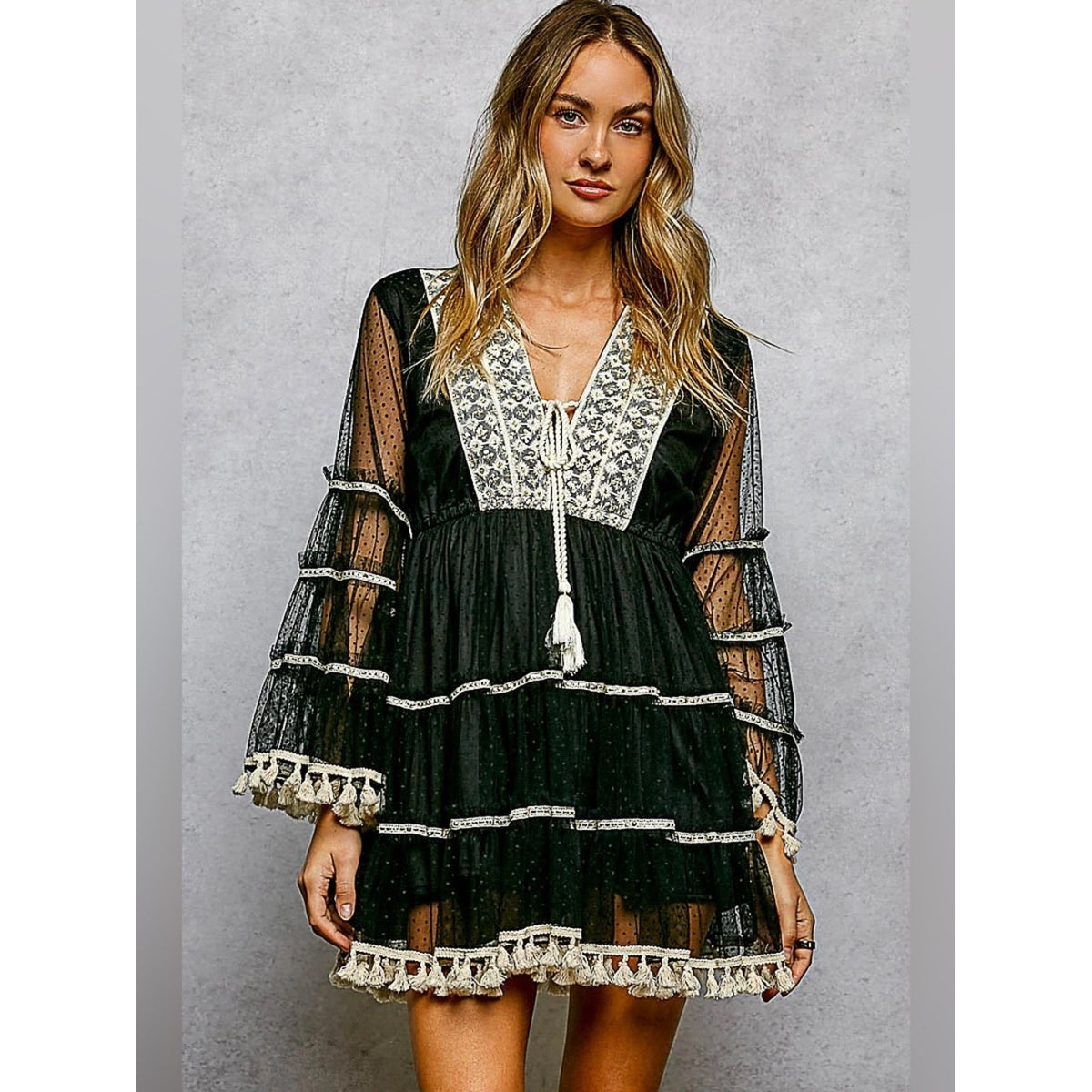 🆕 POL Fringe & Tassel Embroidered Mini Flare Dress SZ LG