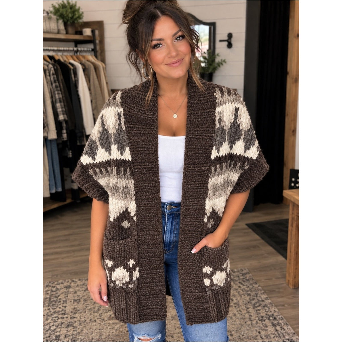 🆕 Ruehl No.925 Y2K Hand Knit Wool Brown/Cream Open-Front Cardigan SZ XS/S