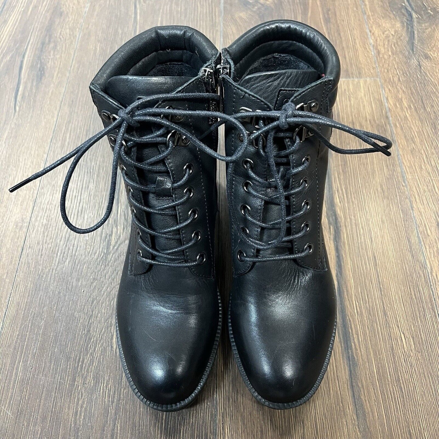 Carmella black leather lace up wedge ankle booties Size 7.5