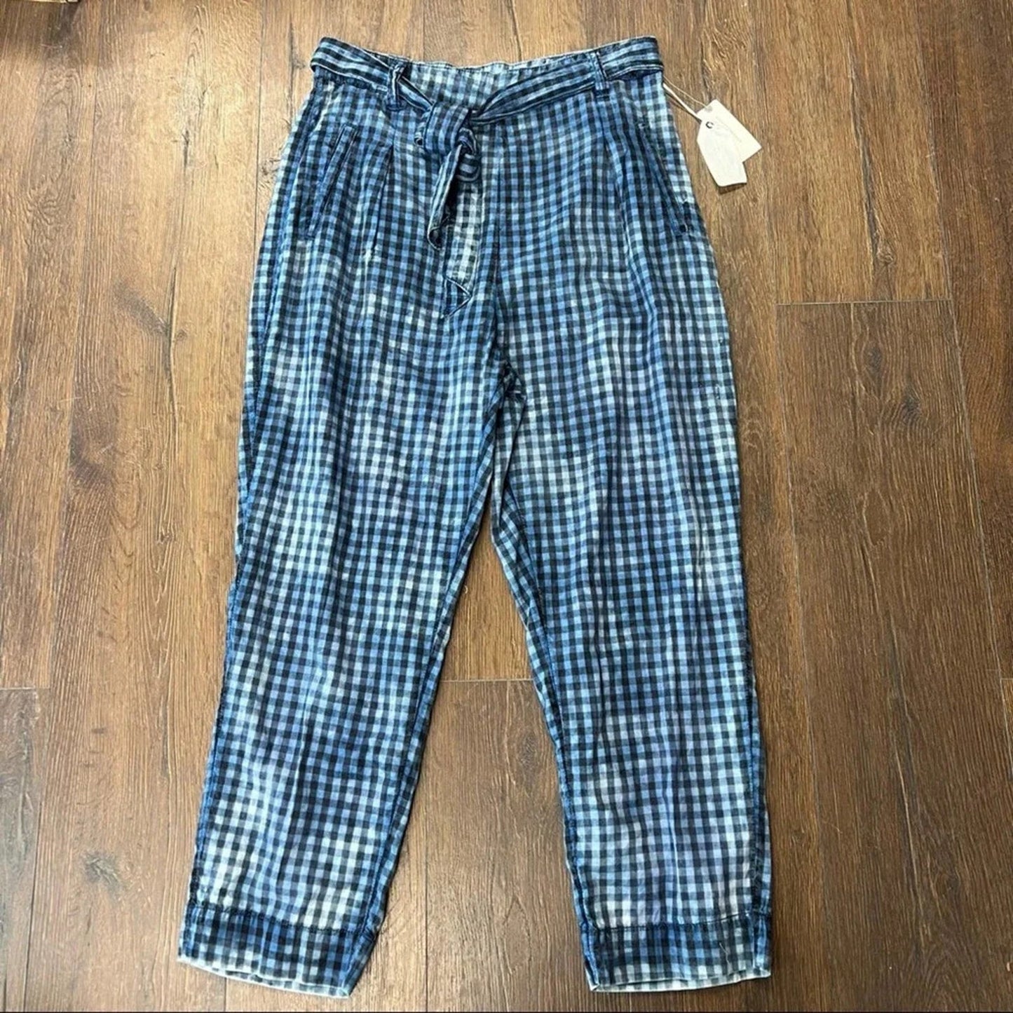 NEW ANTHRO MAEVE gingham picnic bleached slim bow waist pants Size 10