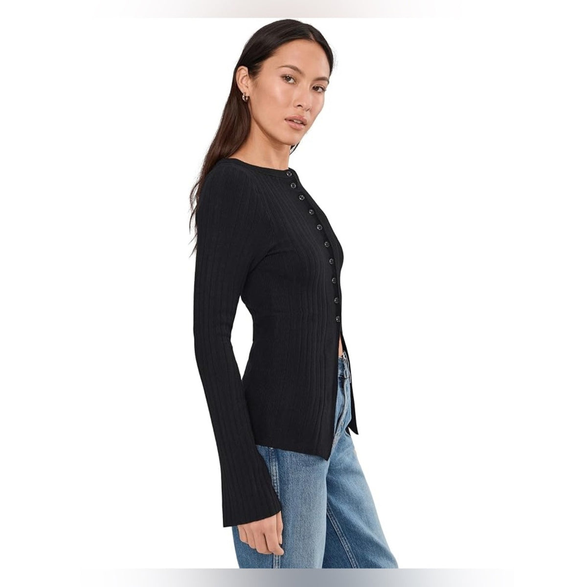 🆕 Free People Black Ribbed East Side Cardigan Sweater SZ MED