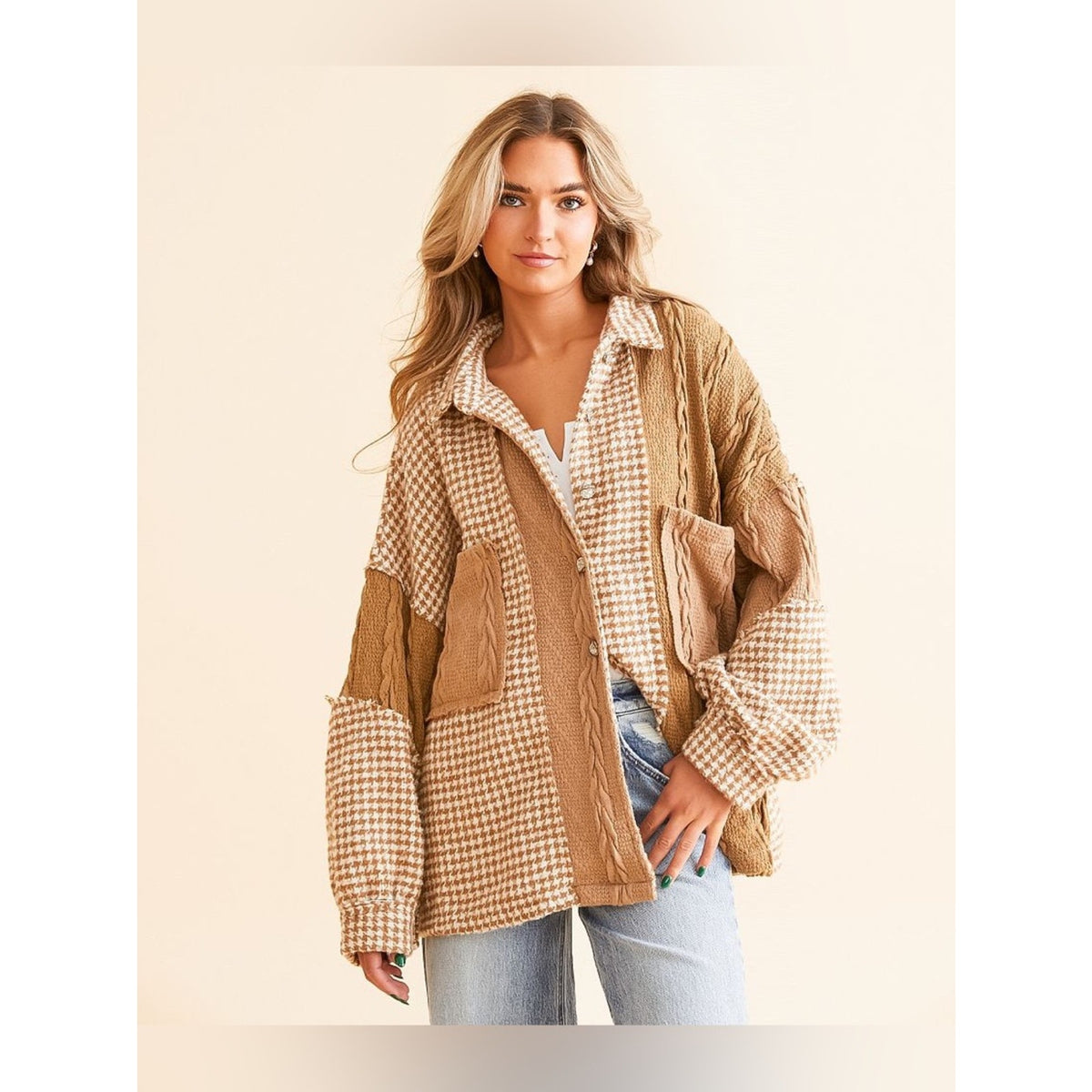 🆕 POL Oversized Pieced Gingham Patchwork Knit Jacket SZ SM