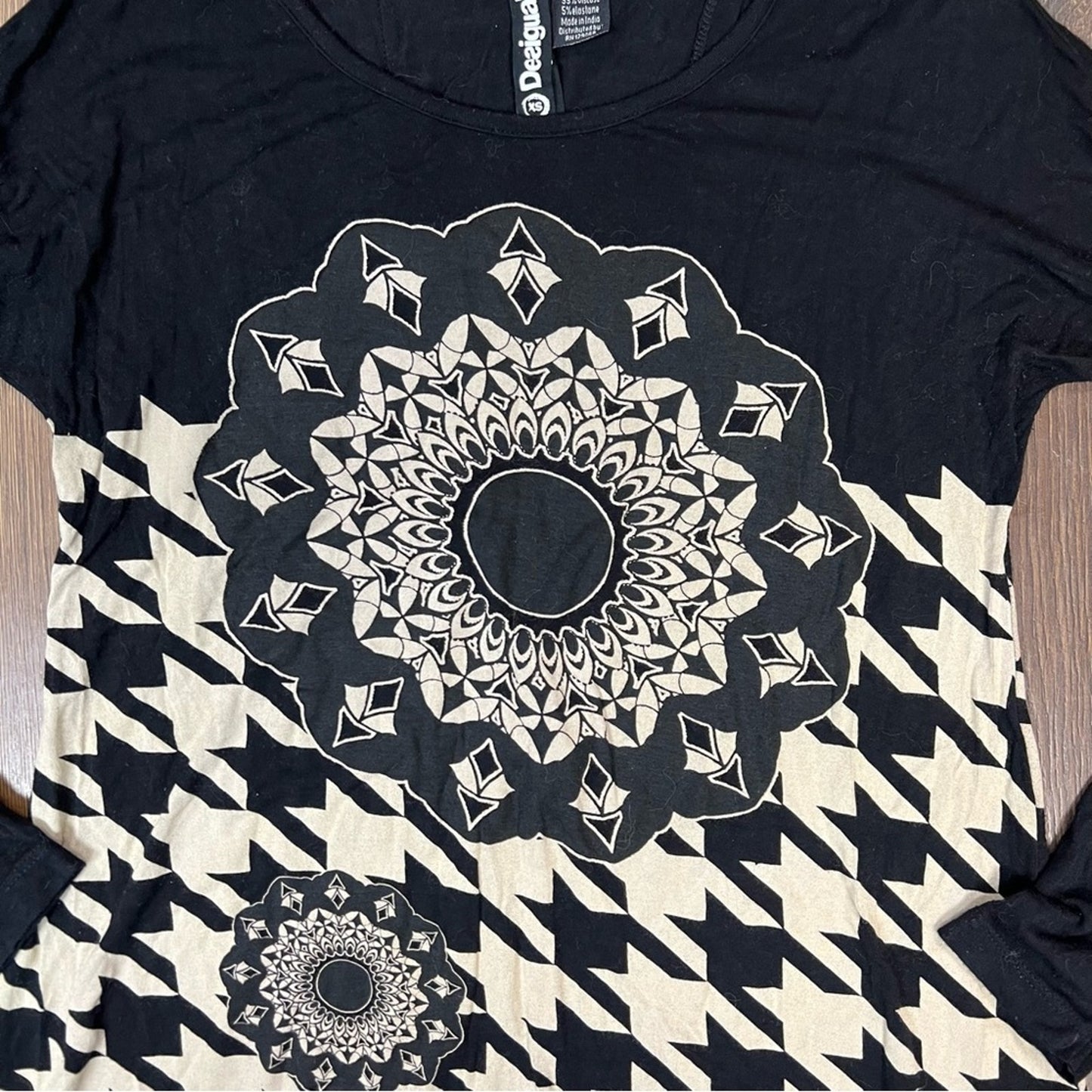 Desigual Black and Cream Herringbone Open Back Blouse SZ XS