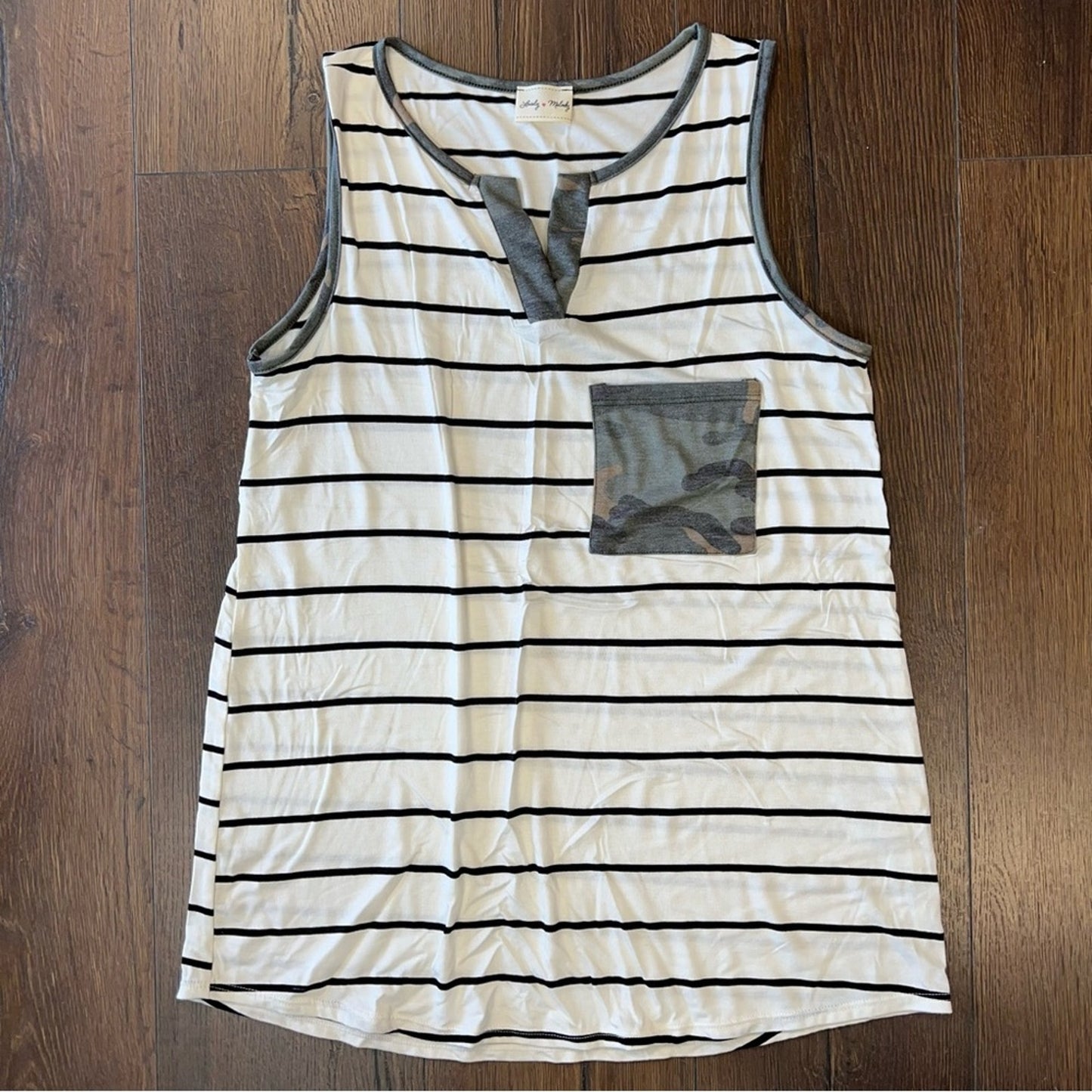 Lovely Melody, black striped camel pocket tank SZ MED