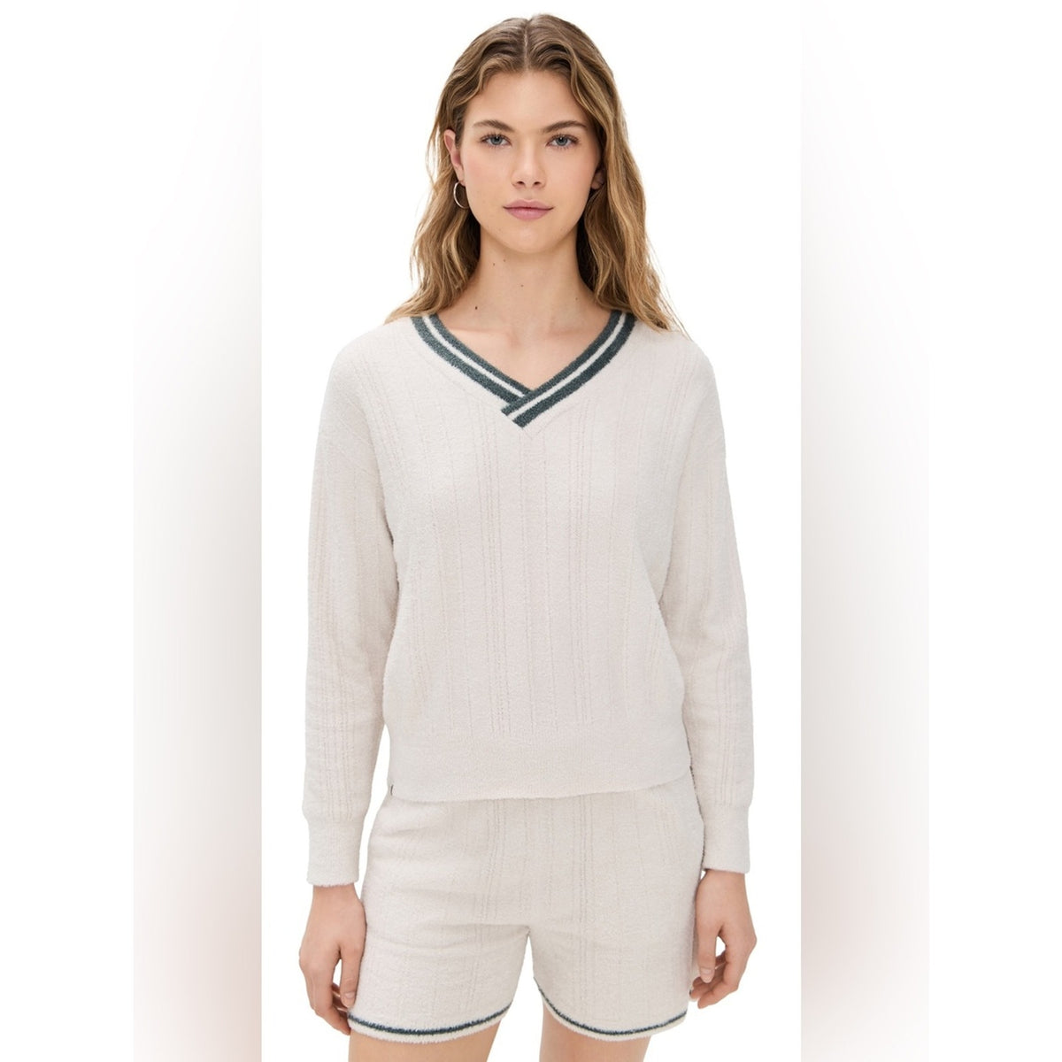 🆕 Barefoot Dreams V-Neck Pointelle Pullover Sweater SZ SM