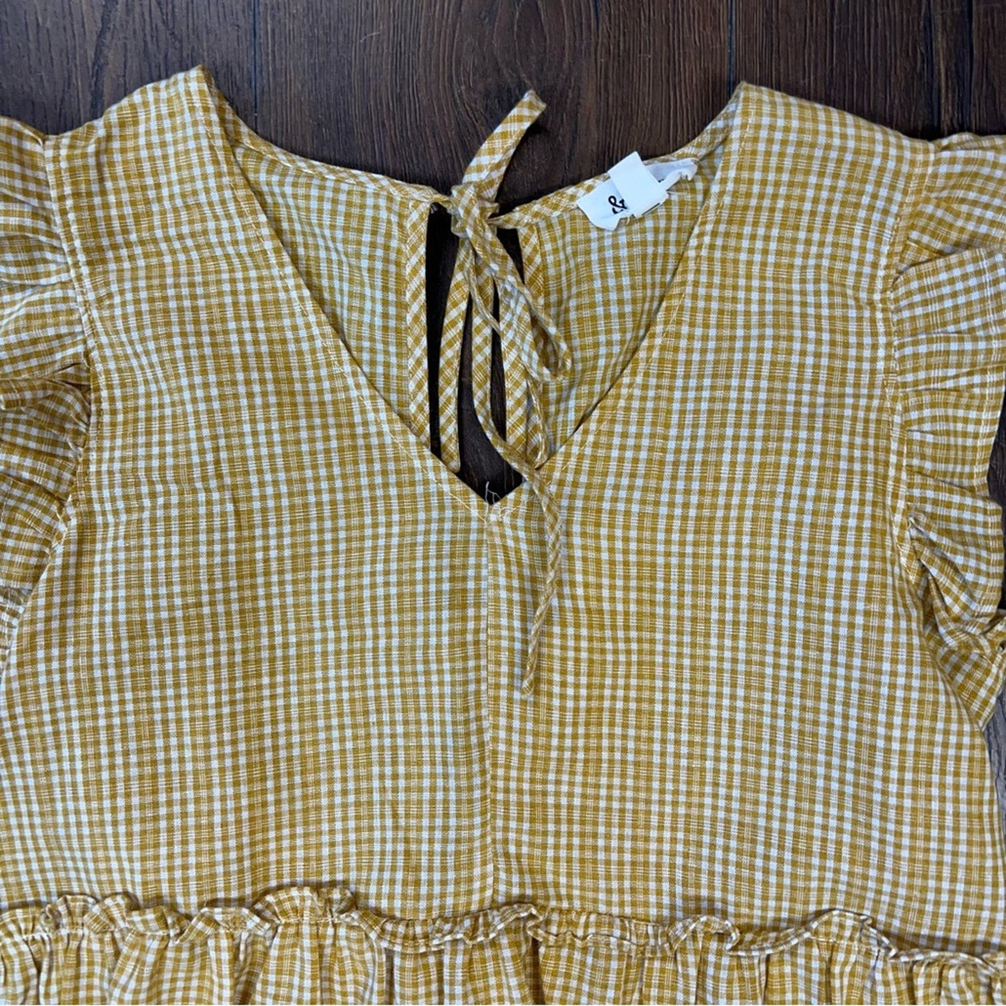 &Merci yellow gingham ruffle sleeved top SZ MED