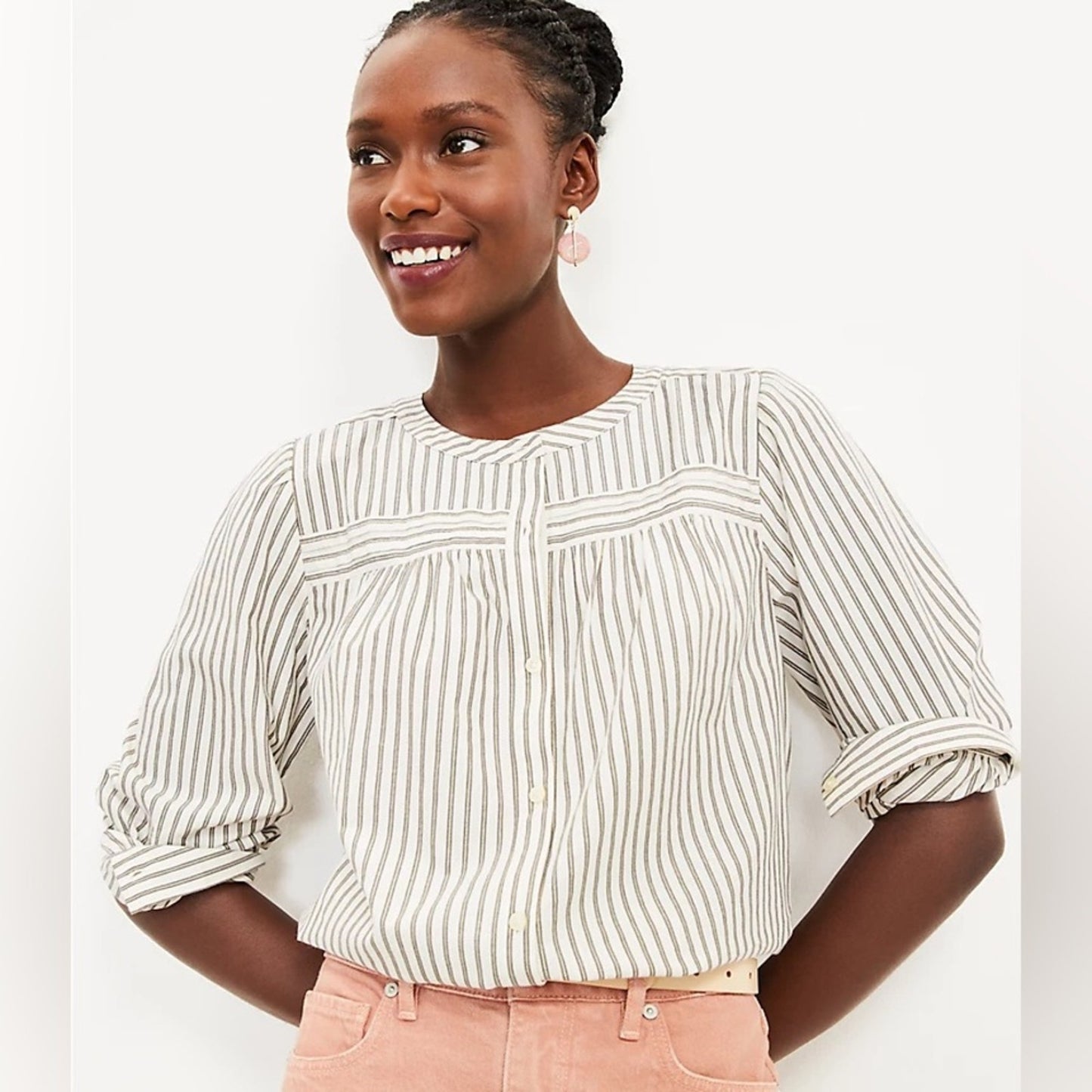 LOFT Shimmer Stripe Pintucked Blouse SZ MED