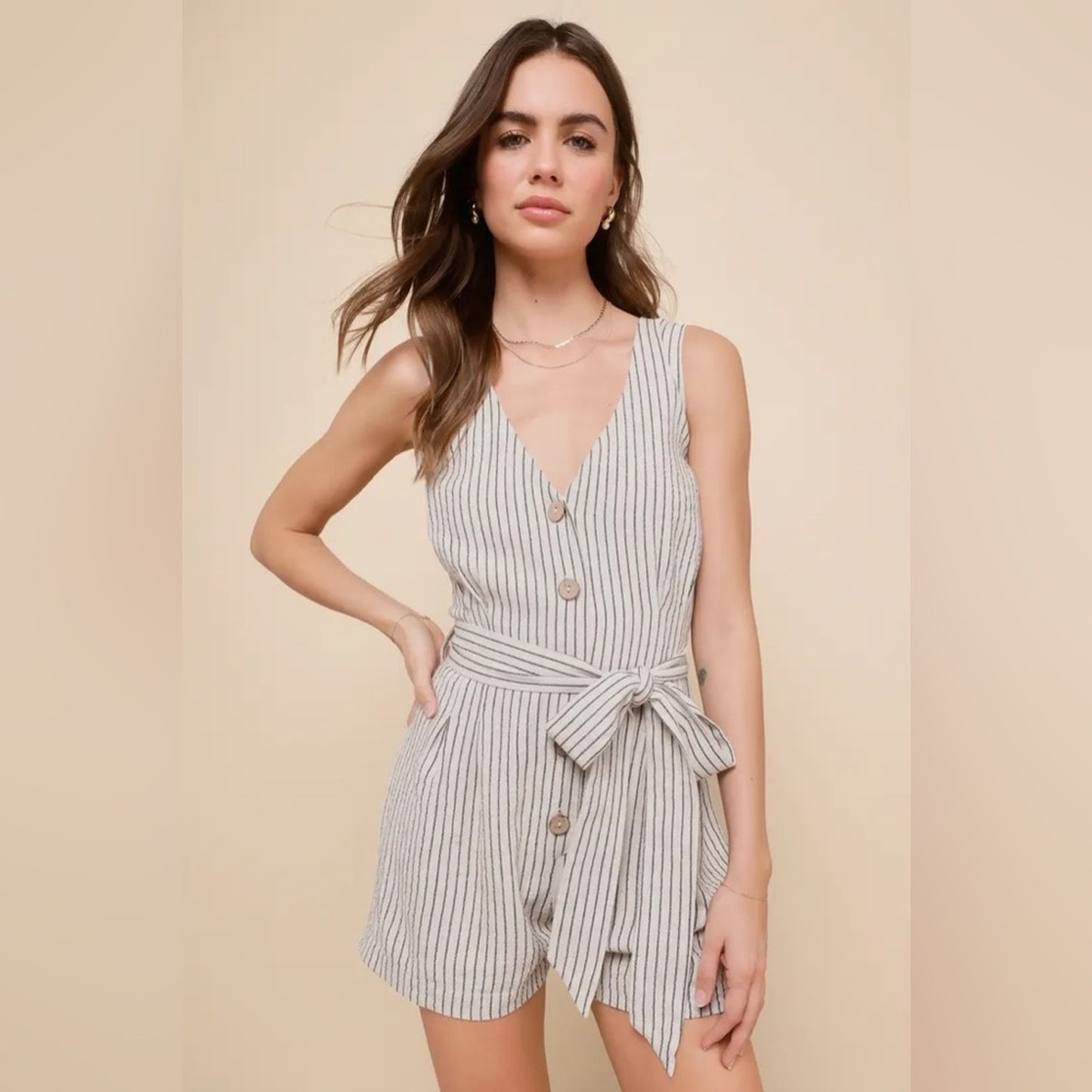 Lulu’s Idyllic Days Ivory Striped Sleeveless Button-Front Romper SZ