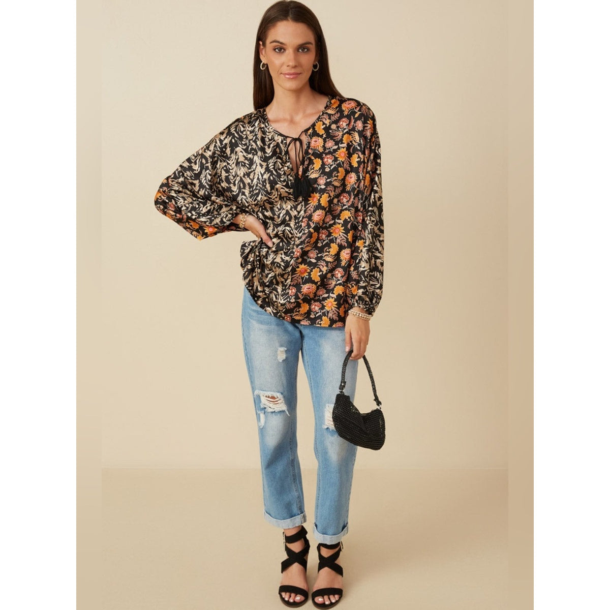 🆕 Hayden Mixed-Print Black Floral Tie-Neck Blouse SZ LG
