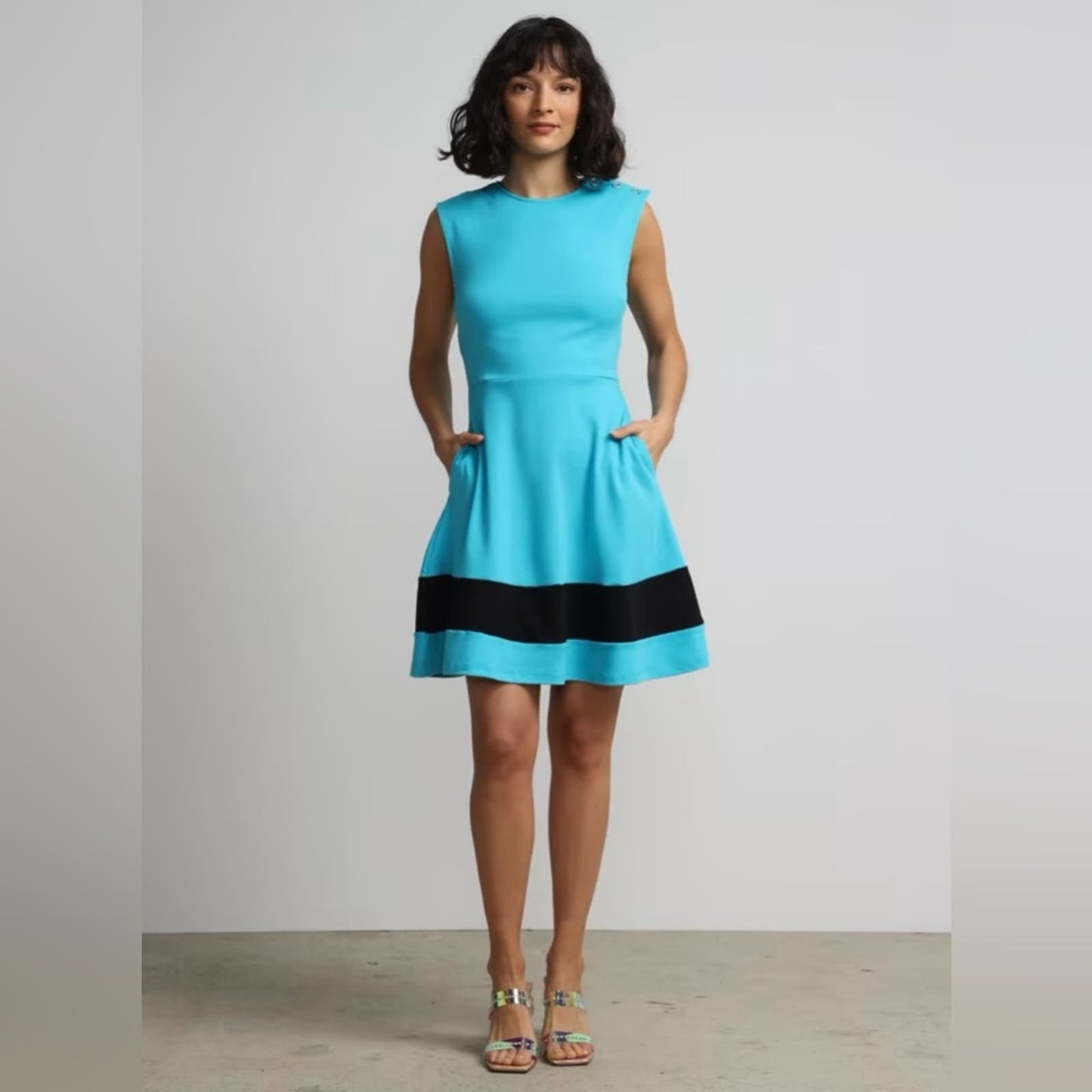 🆕 New York & Co Contrast Stripe Shoulder-Button Flare Dress -Has pockets SZ XL