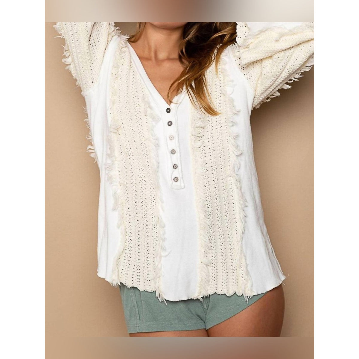 🆕 POL Flare Sleeve Contrast Panels V-neck Top SZ LG