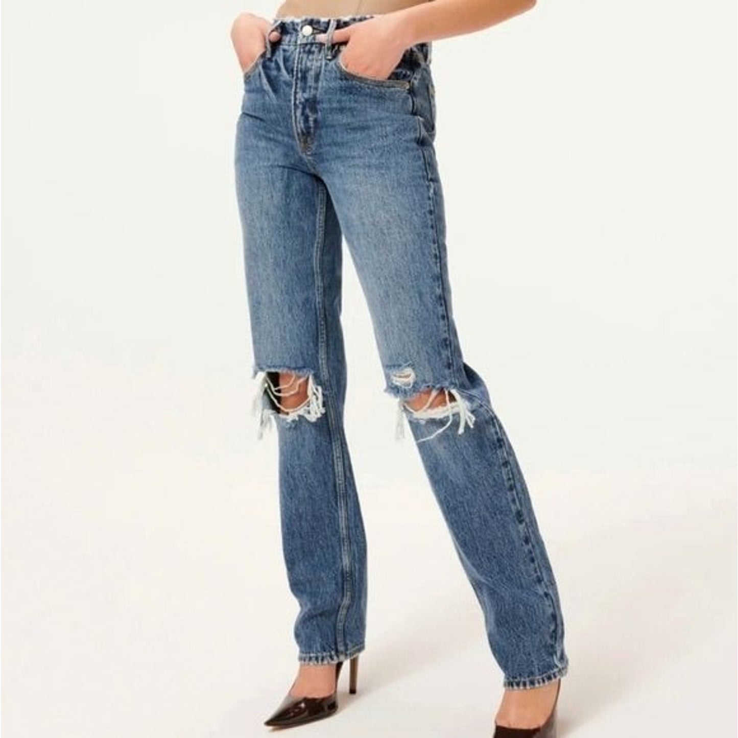 Good American Good 90s Ripped Slim Fit Straight Leg Distressed Jeans SZ 26/2