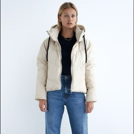 Zara Cream faux leather Puffer Jacket Size Med