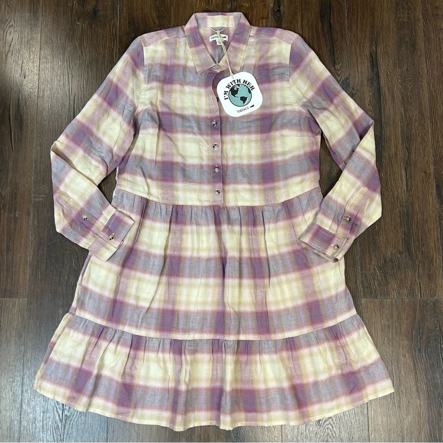 🆕 Toad & Co Reform Plaid Tiered Dress with pockets in Dawn SZ LG