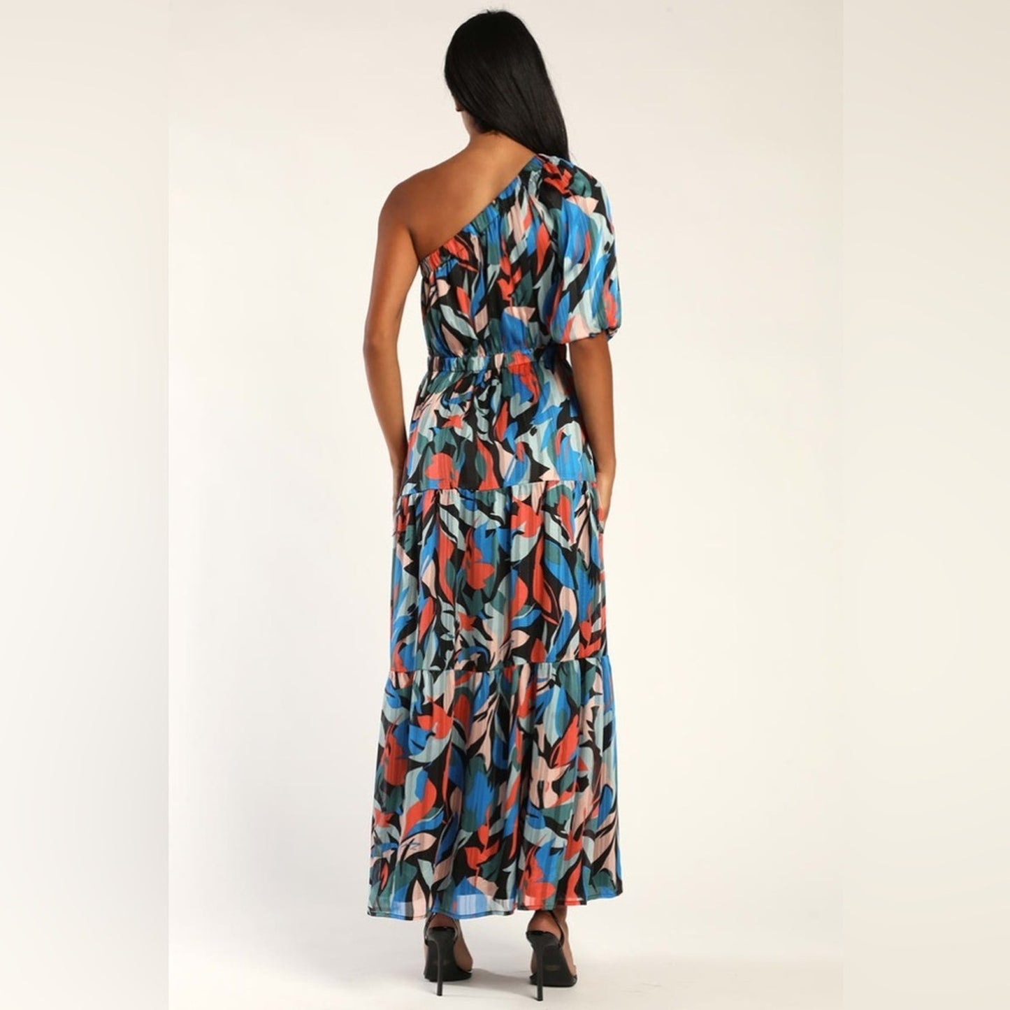 Lulu’s Essence of Enchantment Black Multi Lurex One Shoulder Maxi Dress SZ SM