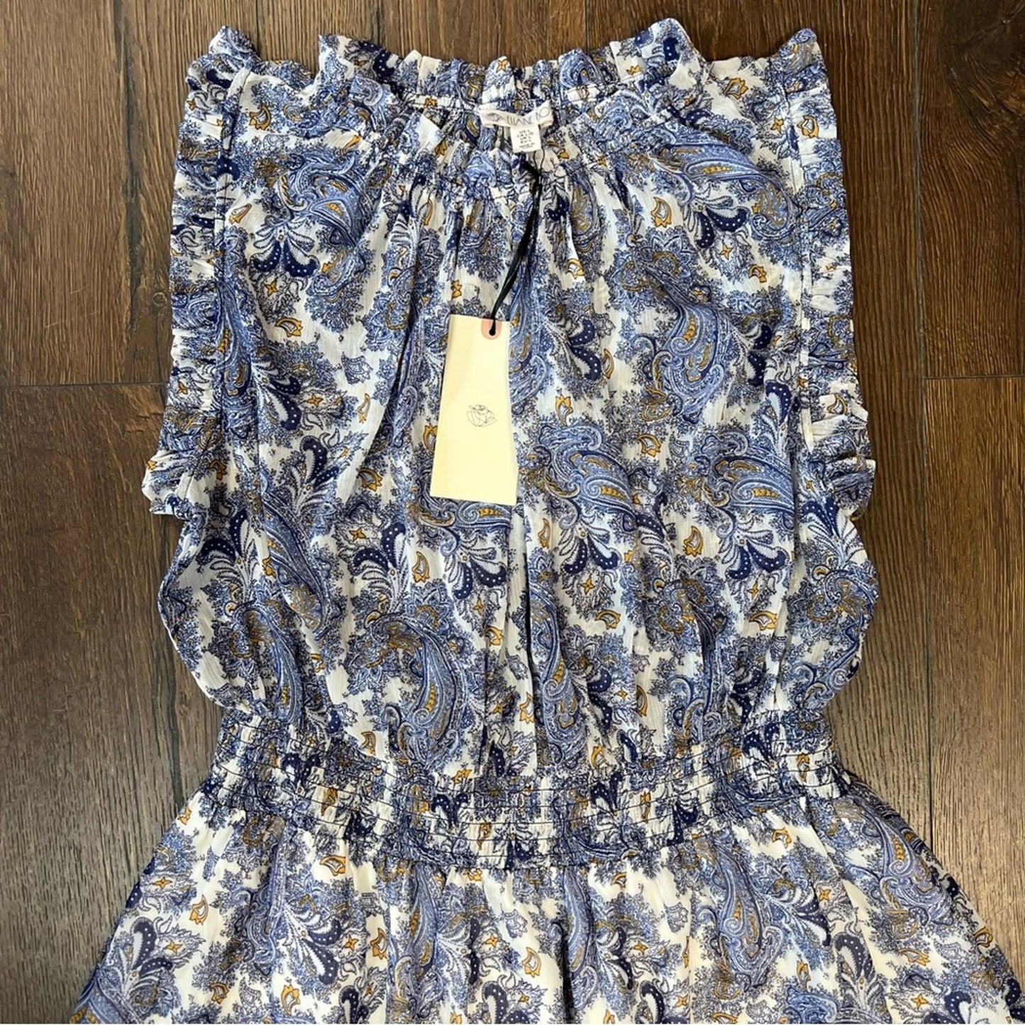 🆕 Elaine Rose, purple and yellow Paisley smocked waste, high collar dress SZ LG