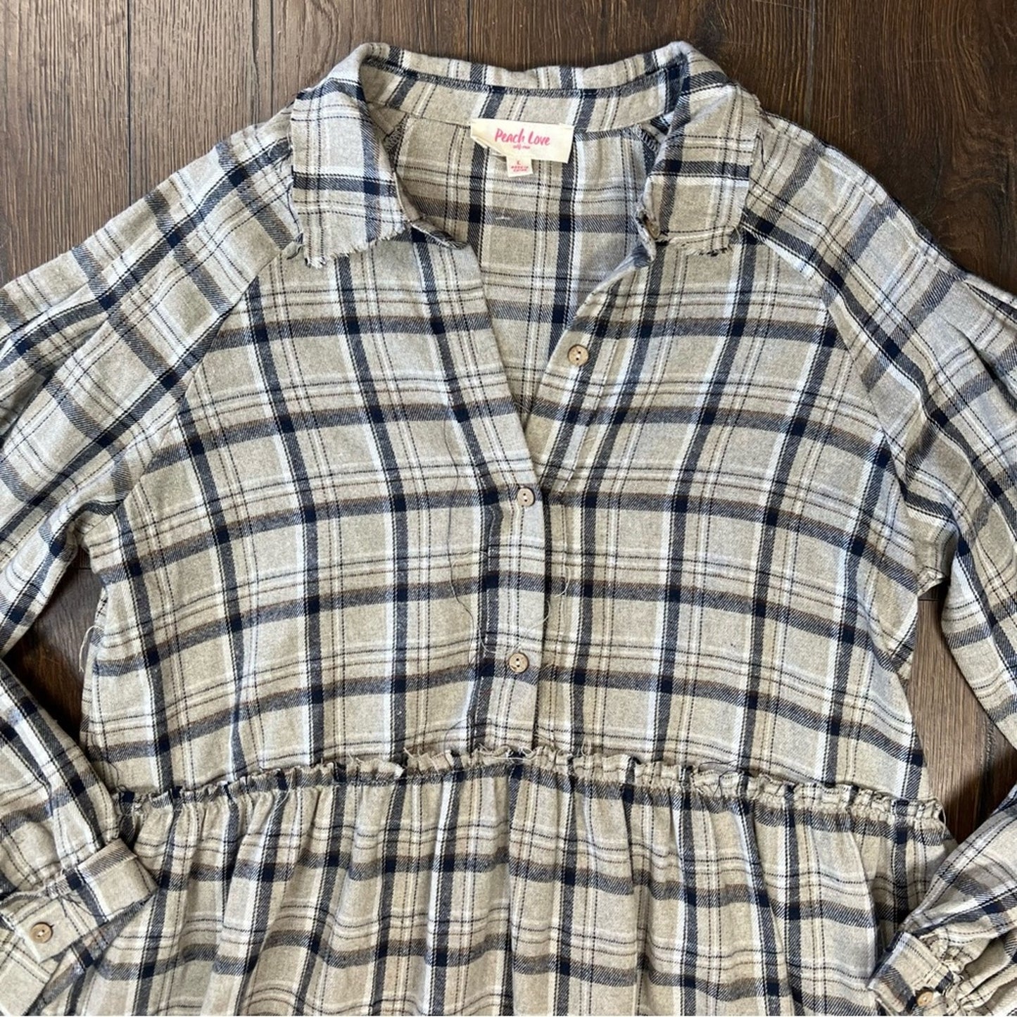 Peach Love California Tan Plaid Tiered Dress SZ LG