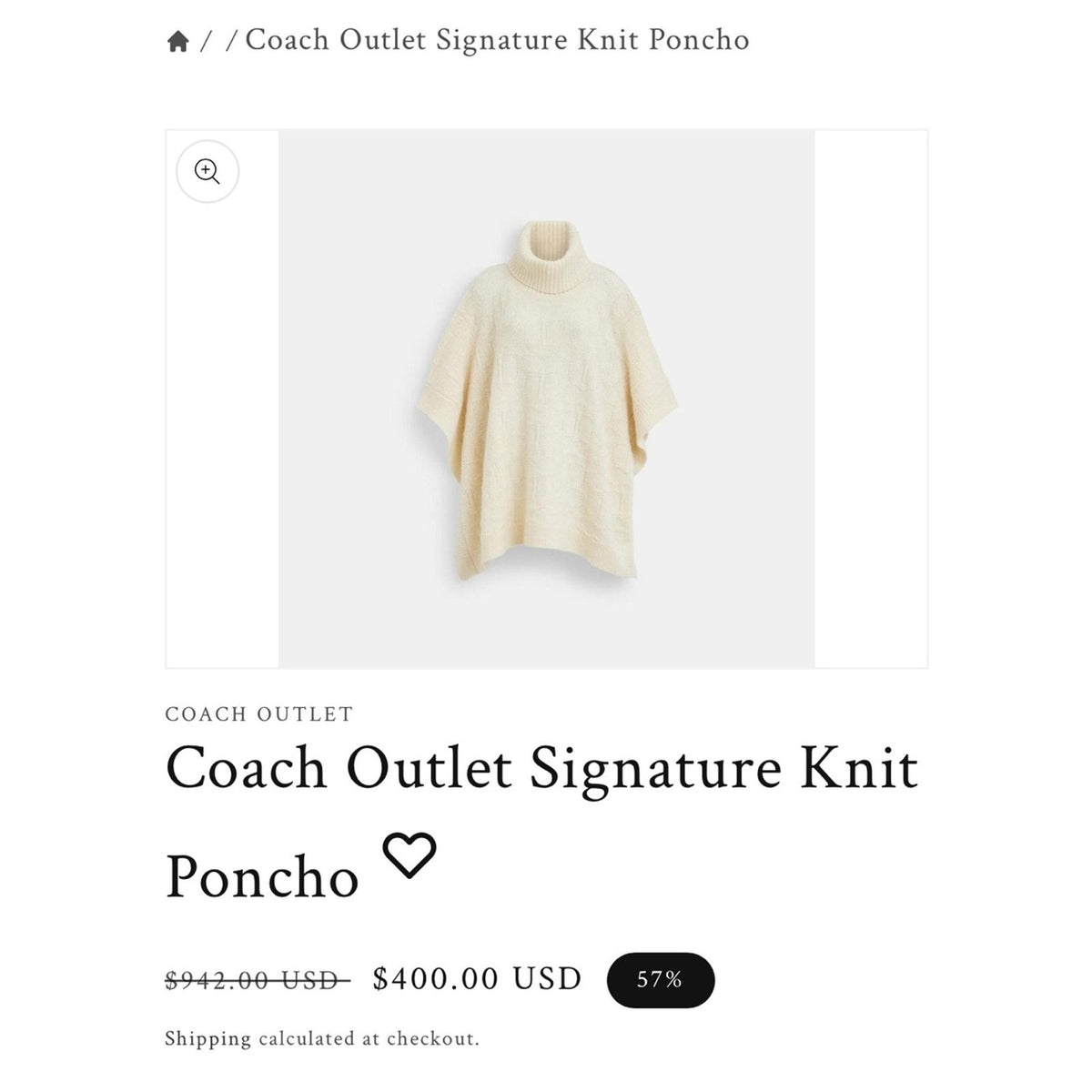 🆕 Coach Signature Wool Turtleneck Cable-Knit Poncho Sweater -Beige NWT SZ M/L