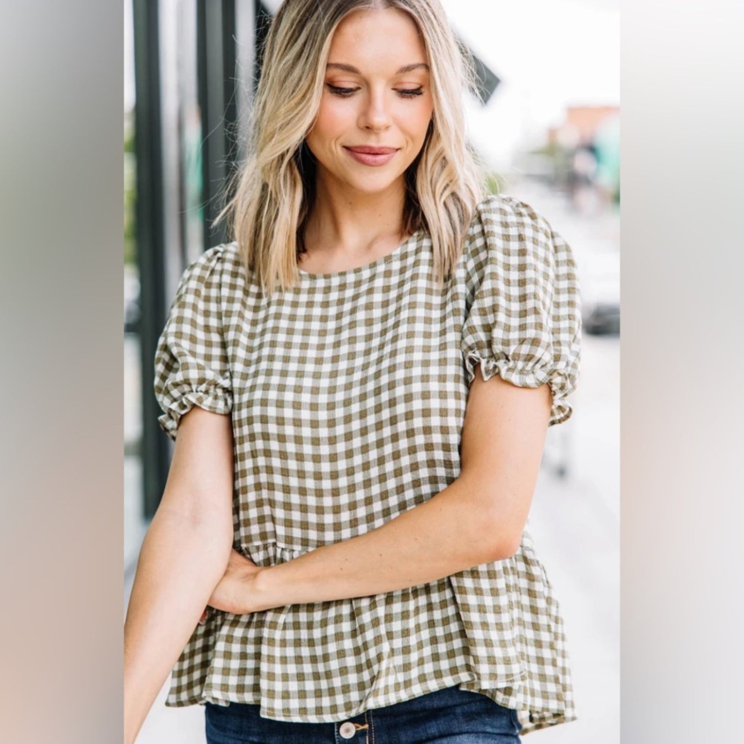 MINE Work For You Olive Green Gingham Top SZ SM