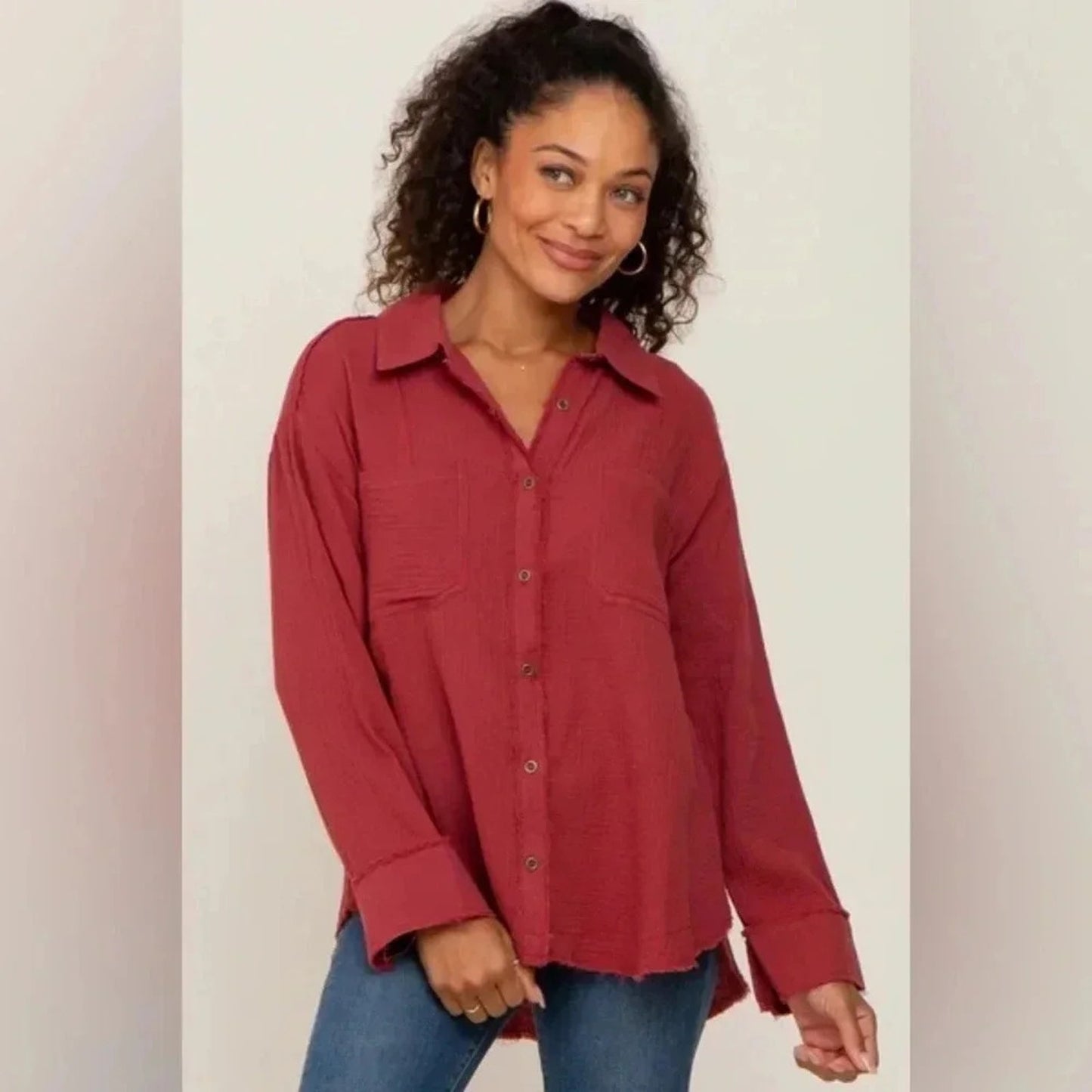 🆕 New In Burgundy Button Down Collared Top SZ LG