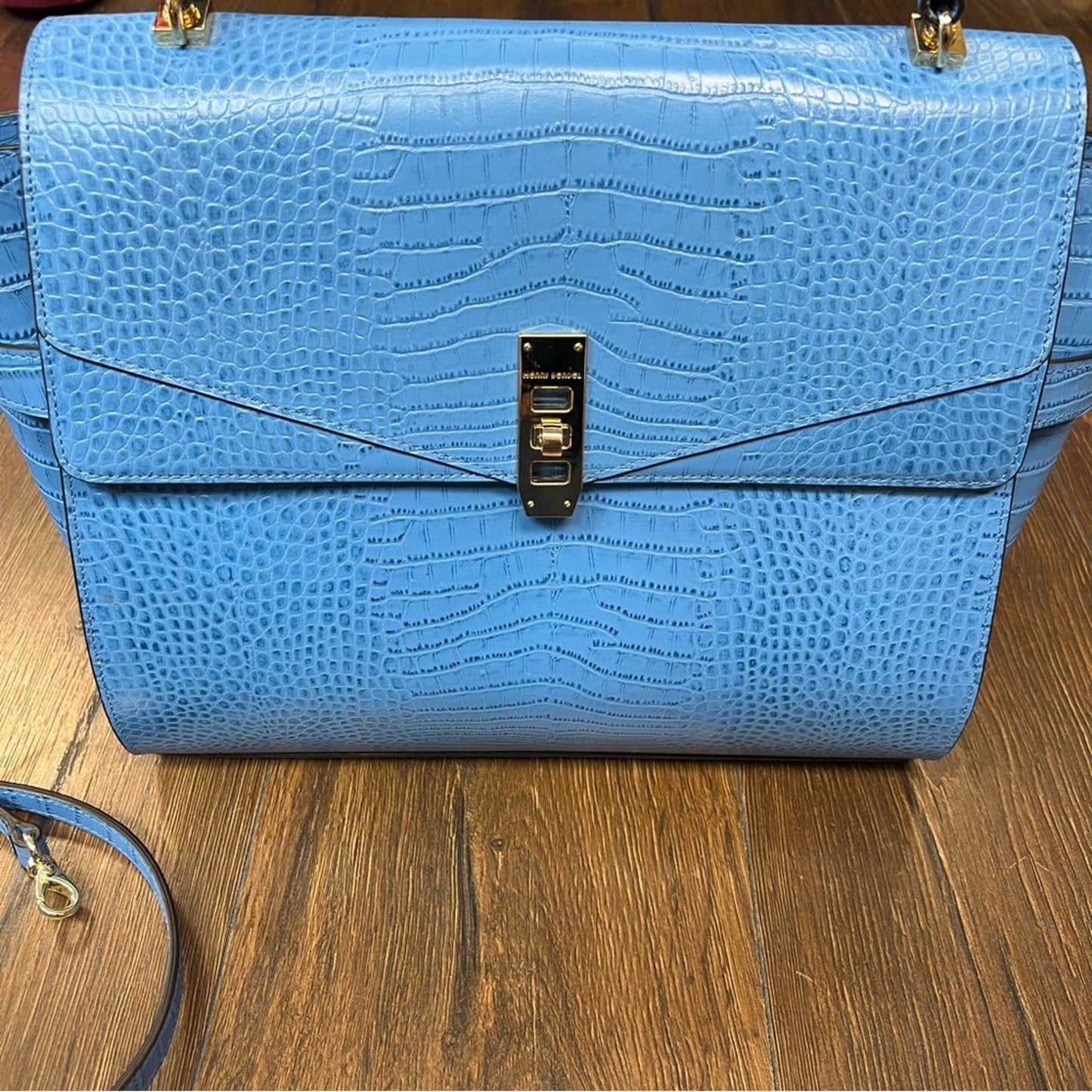 Henri Bendel large blue crocodile embossed Uptown Satchel