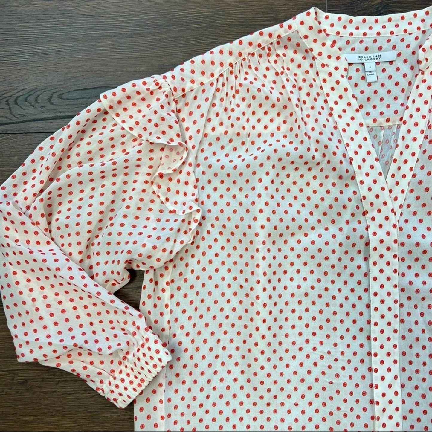 Derek Lam 10 Crosby Kaene Red & Cream Polka Dot Ruffle Blouse SZ 6