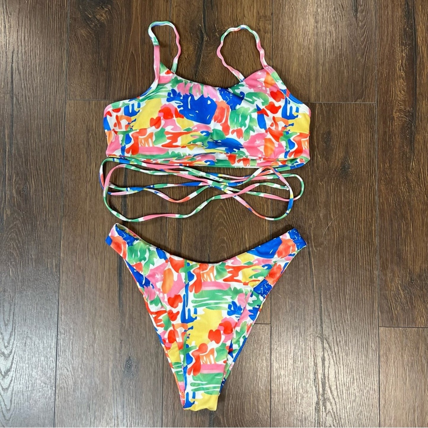 ZAFUL Tie Dye Floss Criss Cross High Cut Bikini Swimwear - Multi SZ 6