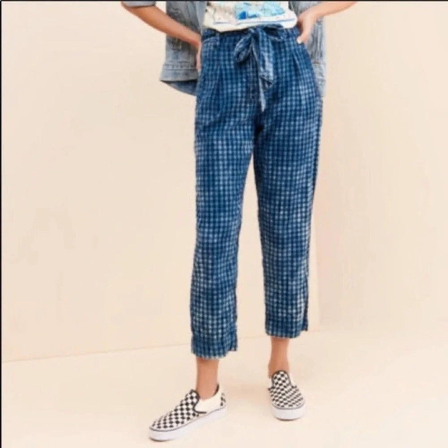NEW ANTHRO MAEVE gingham picnic bleached slim bow waist pants Size 10