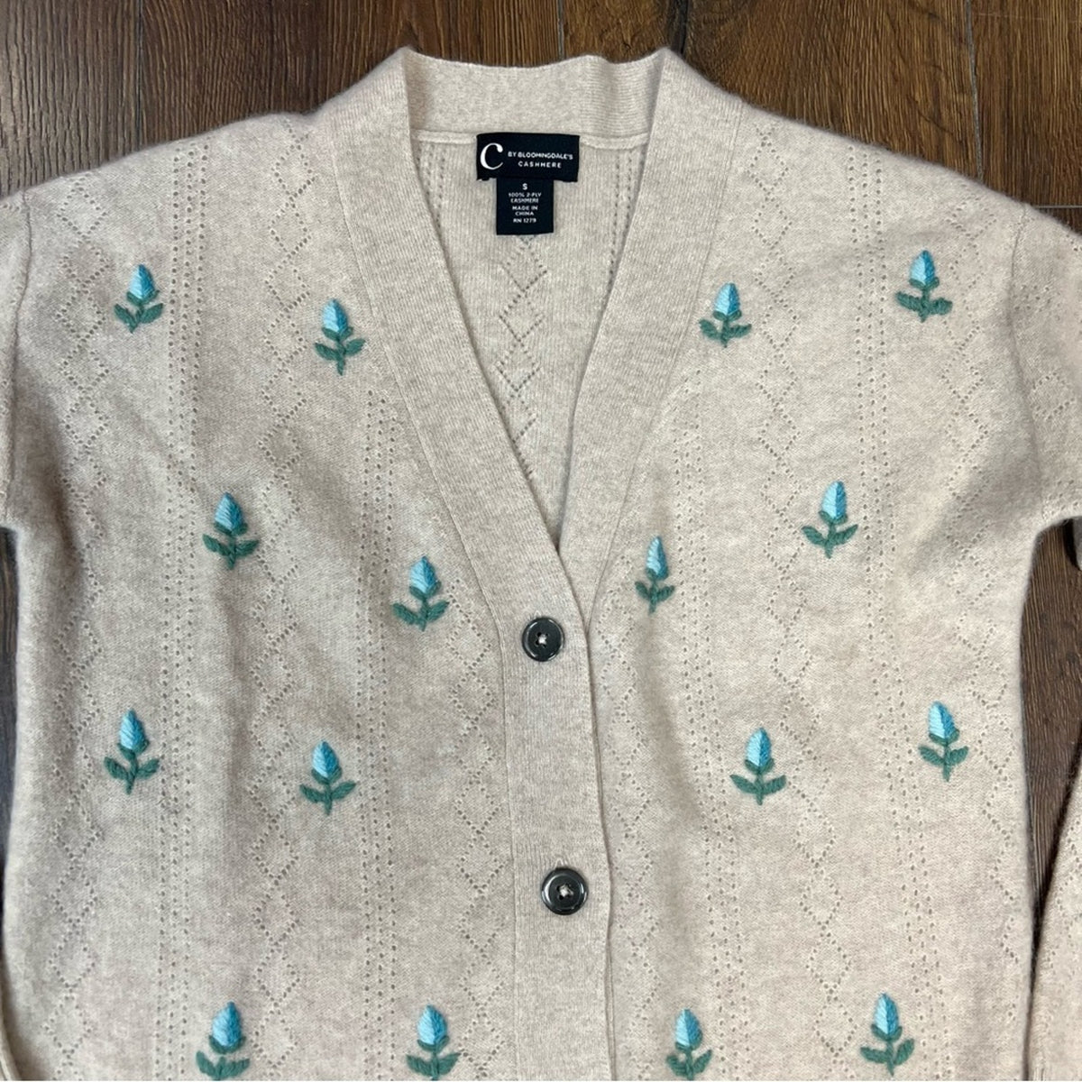 C‎ by Bloomingdale's Cashmere Tan & Blue Floral Grandfather Cardigan SZ SM